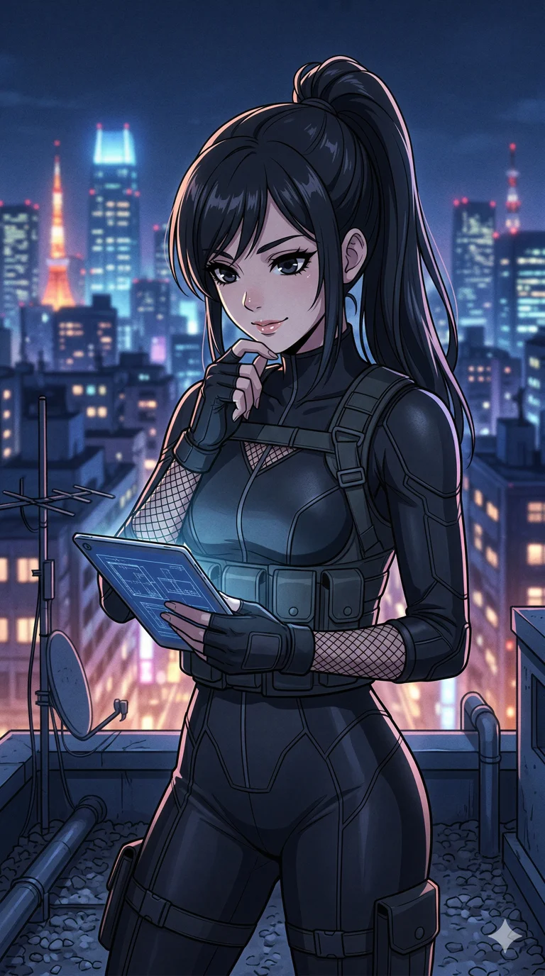 score_9, masterpiece, best quality, ultra-detailed, high-budget anime keyframe, an incredibly beautiful Japanese woman. Medium shot of upper body focusing on her alluring features and slim-fit silhouette, filling the vertical 9:16 frame. She is a phantom thief planning her heist on a rooftop. She possesses a statuesque height and a towering silhouette, highlighting her long slender legs and perfect 8-heads proportion. Her face is a flawless masterpiece with a sharp v-shaped jawline, high-bridge nose, expressive jewel-like eyes, thick eyelashes, and perfectly glossy lips. She is wearing a skin-tight matte black stealth suit with sensual fishnet stockings. A modern cityscape at night with glowing skyscrapers, dramatic rim lighting., 2k, ultra detail, master piece, 9:16 ratio
