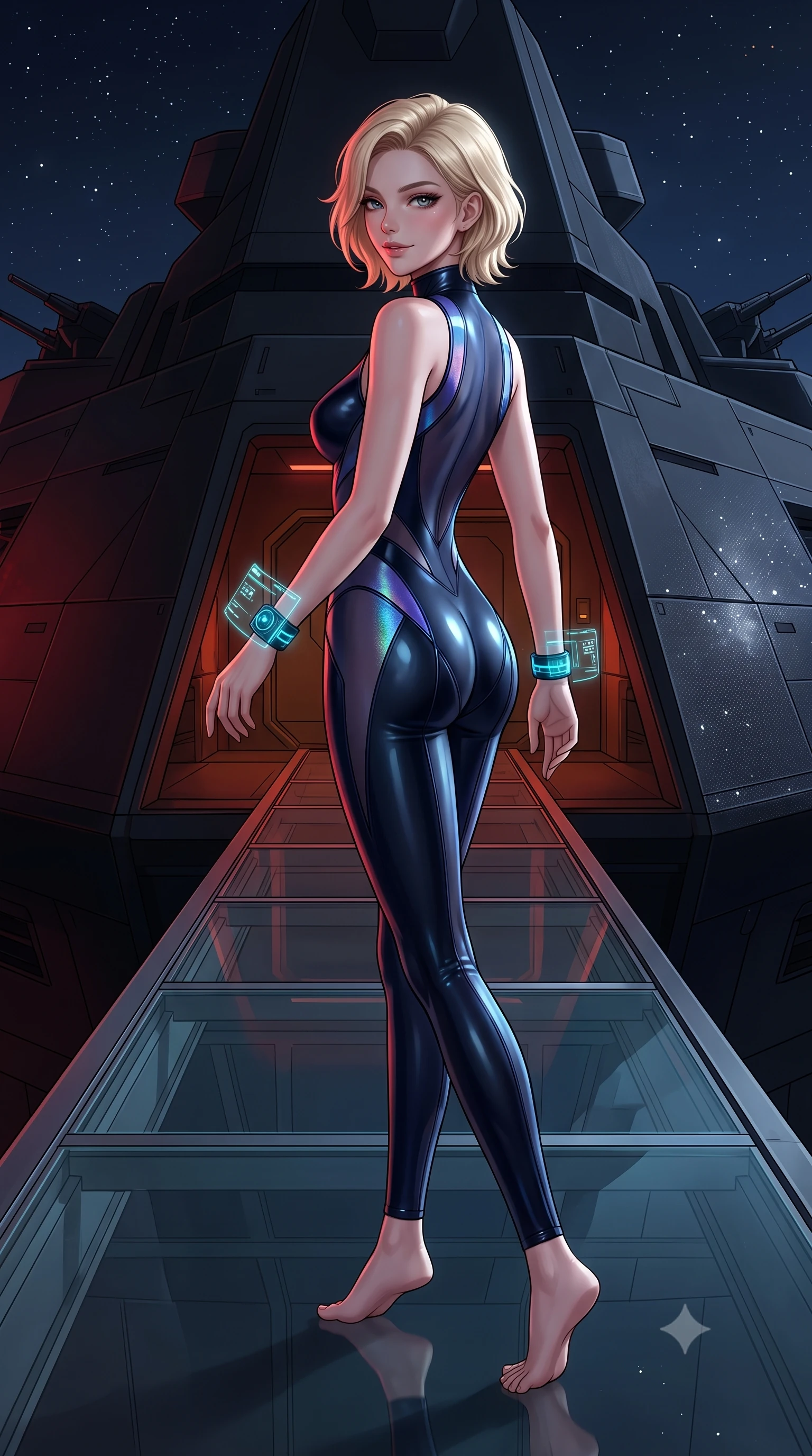 score_9, masterpiece, best quality, ultra-detailed, high-budget anime keyframe, semi-realistic 3D game render, editorial fashion photography, tasteful artistic composition, Caucasian woman. low angle full-body shot from head to toe showing her feet, filling the entire 9:16 vertical frame with her statuesque presence, stretching her vertical silhouette. walking slowly along the transparent glass skybridge, looking back over her shoulder with an air of effortless grace and an alluring, smoldering smile while walking silently across the radar-absorbent matte black deck, arching her back with sovereign covert-ops grace. The surrounding environment is rendered in vivid detail and crisp panoramic clarity: detailed stealth suit texture, starlight highlights on carbon plates, and stealth warship architecture in razor-sharp precision. She has an absolutely perfect, statuesque 8.5-heads proportion, an exceptionally tall and slender model-like female figure with impossibly long slender legs, an ultra-slim waist, a flat toned midriff, narrow delicate ribcage, and beautifully sculpted feminine hips creating a graceful, slim hourglass silhouette without any bulky heaviness. sharp v-shaped jawline, high-bridge nose, intricate jewel-like sparkling eyes with depth, thick eyelashes, glossy parted lips with a natural sheen, bright confident smile with an enchanting and coquettish sensual glint, exuding both youthful magnetic charm and sovereign high-tech allure, flawlessly proportioned anatomical accuracy, strict slender model proportions, natural body alignment, perfectly sculpted long slender limbs, ultra-slim waistline, clean dynamic posture without body distortion. wearing a sleeveless high-collar cyber pilot suit in liquid-look obsidian jersey with strategic sheer ventilation panels in midnight navy blue and holographic iridescent shimmer, made of smooth liquid latex with high-contrast stereoscopic depth and wet shine, featuring sleek glowing cyan HUD display wrist cuffs with floating data telemetry, the form-fitting tactical tailoring adhering flawlessly to her sculpted flat midriff and slender torso, emphasizing her long leg lines and perfectly proportioned willowy build. bathed in low-key red and dim amber tactical lighting contrasting with cold starlight. highly saturated vibrant anime colors, detailed shading with soft gradients, rich glossy textures, high-contrast stereoscopic depth, volumetric dynamic lighting, master piece, 9:16 ratio