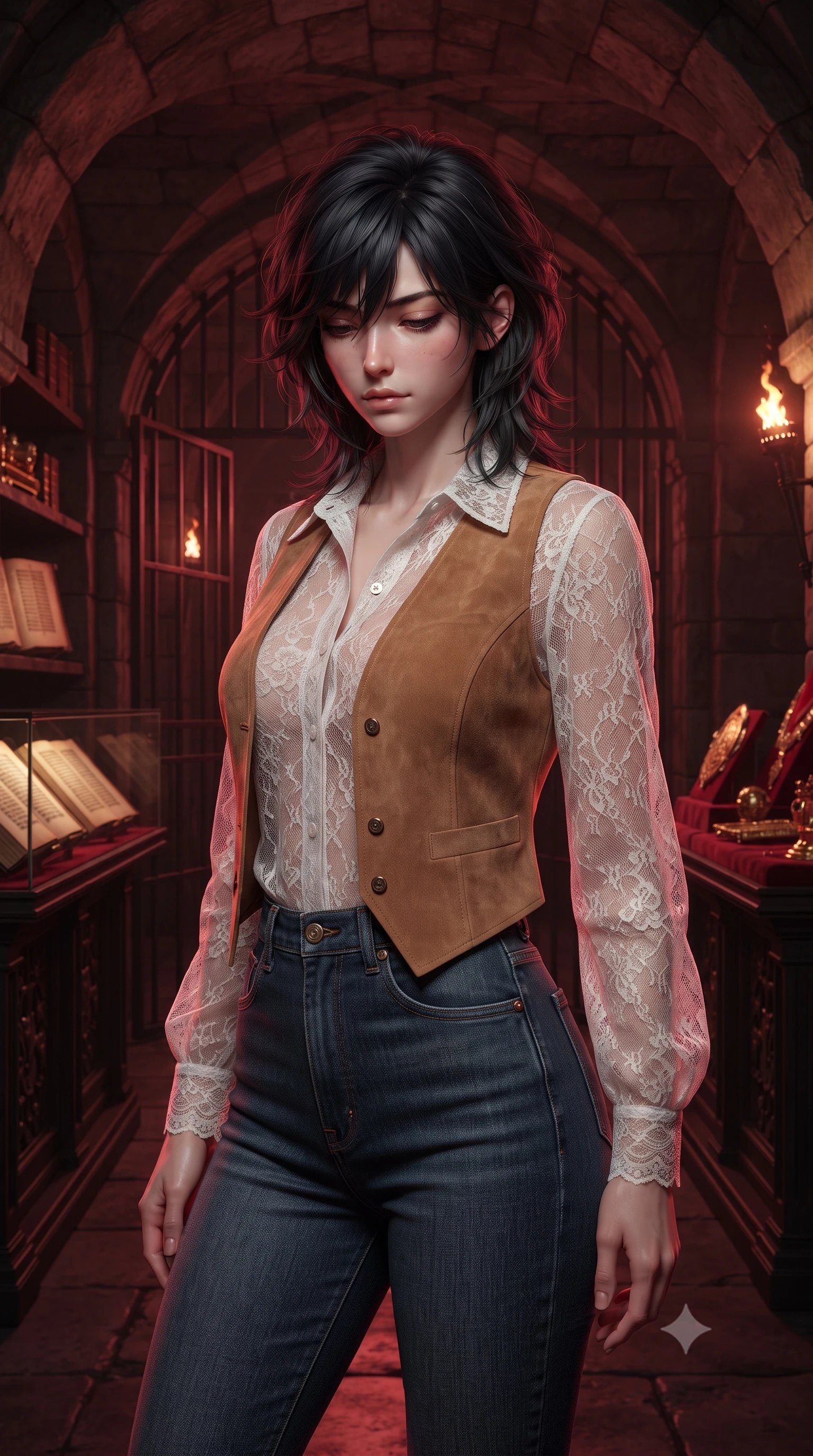 score_9, masterpiece, best quality, ultra-detailed, high-budget anime keyframe, editorial fashion photography, tasteful artistic composition, Caucasian woman, strictly human ears. close-up cowboy shot from the waist and thighs up, the character dominates the composition, filling the frame with her large presence, background elements kept in soft focus. Looking down with lowered lashes and a composed powerful expression. set against a soft-focus background of a subterranean vault with arched stone ceilings and heavy iron gates walls lined with ancient illuminated manuscripts under glass and gold artifacts gleaming on velvet-lined shelves stretching into torch-lit darkness. She has an exceptionally elegant and slender, willowy female figure with an ultra-slim waist, a gracefully sculpted slender torso, and a refined slim physique. sharp v-shaped jawline, high-bridge nose, intricate jewel-like eyes with depth, thick eyelashes, glossy lips with a natural sheen. wearing a sheer white lace blouse layered under a camel suede vest, paired with high-waisted dark blue jeans. deep crimson theatrical lighting with sharp specular highlights on every curve. 2k, ultra detail, master piece, 9:16 ratio