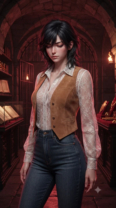 score_9, masterpiece, best quality, ultra-detailed, high-budget anime keyframe, editorial fashion photography, tasteful artistic composition, Caucasian woman, strictly human ears. close-up cowboy shot from the waist and thighs up, the character domin
