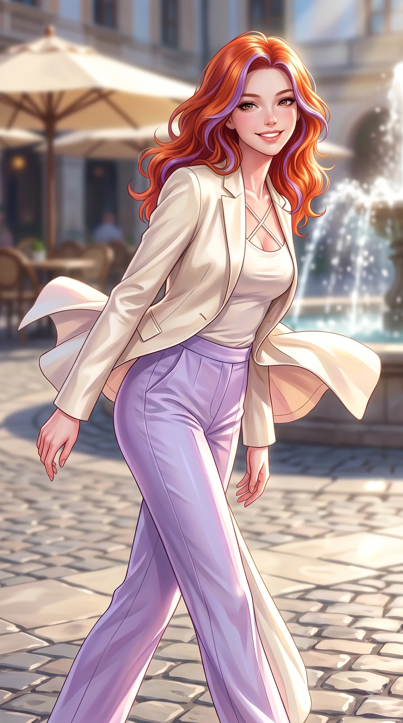 score_9, masterpiece, best quality, ultra-detailed, high-budget anime keyframe, editorial fashion photography, tasteful artistic composition, Caucasian woman. close-up cowboy shot from the waist and thighs up, the character dominates the composition, filling the frame with her large presence. Cheerful beaming smile with sparkling eyes and a fresh girlhood aura, leaning forward with playful grace while stepping along a historic paved square surrounded by vintage cafe umbrellas. The composition keeps background elements in soft focus with dreamy bokeh. sunlit fountain water sprays and cobblestones softened in dreamy shallow focus. She has an exceptionally elegant, slender, and willowy female figure with an ultra-slim waist, a gracefully sculpted slender torso, and a refined silhouette. sharp v-shaped jawline, high-bridge nose, intricate jewel-like eyes with depth, thick eyelashes, glossy lips with a natural sheen, flawlessly proportioned anatomical accuracy, natural body alignment, perfectly sculpted elegant limbs, clean dynamic posture without body distortion. wearing a tailored cream silk blazer over a fitted scoop-neck camisole and slacks in soft lavender violet and pearl white, crafted from lightweight fluid chiffon, finished with delicate criss-cross back straps highlighting her bare shoulders, the form-contouring material highlighting her ultra-slim waist and long lines. illuminated by clear sky refractions and vibrant specular highlights. highly saturated vibrant anime colors, detailed shading with soft gradients, rich glossy textures, high-contrast stereoscopic depth, volumetric dynamic lighting, master piece, 9:16 ratio