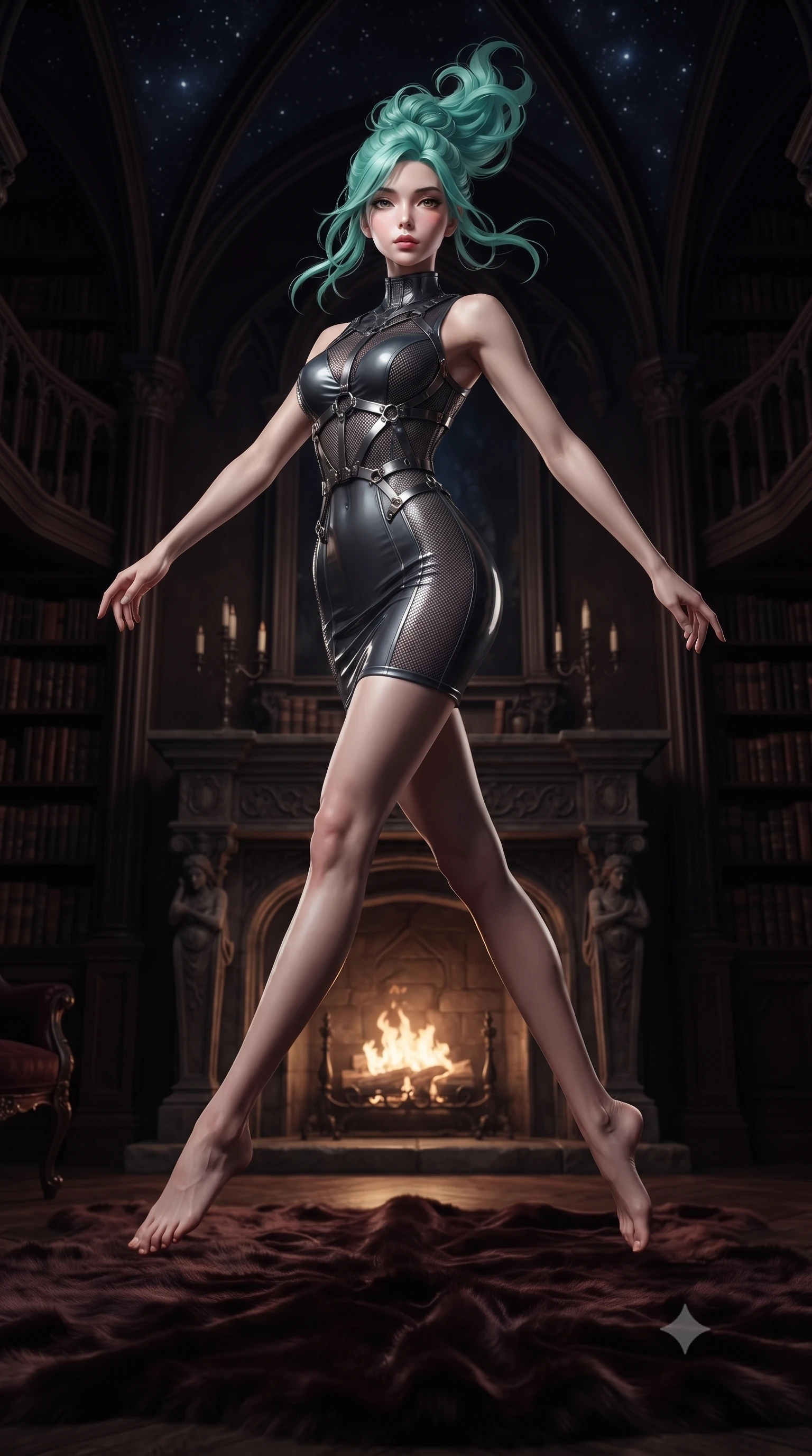 score_9, masterpiece, best quality, ultra-detailed, high-budget anime keyframe, editorial fashion photography, tasteful artistic composition, Japanese woman. low angle full-body shot from head to toe showing her feet, filling the entire 9:16 vertical frame with her statuesque presence, stretching her vertical silhouette. leaping dynamically through the starry space, her posture full of power and elegance, resting on a plush dark velvet rug before a roaring stone fireplace in a gothic library, crushed velvet rug swallowing surrounding light into soft warm shadows. She has an absolutely perfect, statuesque 8.5-heads proportion, an exceptionally tall and slender model-like female figure with impossibly long slender legs and an ultra-slim waist. sharp v-shaped jawline, high-bridge nose, intricate jewel-like eyes with depth, thick eyelashes, glossy lips with a natural sheen. wearing precision-fitted bodycon dress in high-gloss liquid vinyl in dark charcoal gray, made of fine dark contouring mesh, highlighted by a gunmetal metallic harness structure, highlighting her statuesque proportions and ultra-slim waistline. bathed in dramatic chiaroscuro with deep mahogany shadows swallowing background. ultra-reflective glossy finish, specular highlights, metallic sheen, high-contrast stereoscopic depth, volumetric dynamic lighting, 2k, ultra detail, master piece, 9:16 ratio