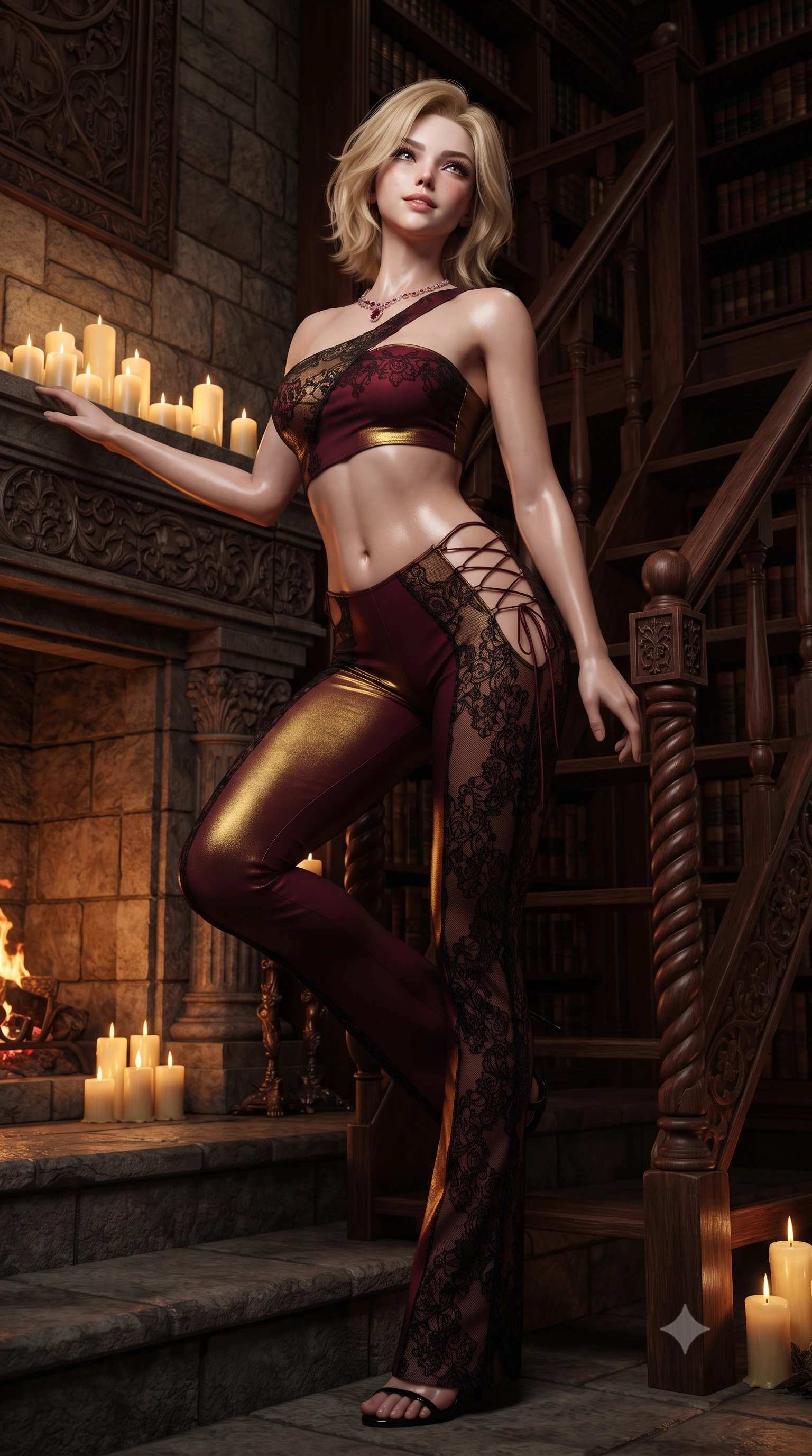 score_9, masterpiece, best quality, ultra-detailed, high-budget anime keyframe, editorial fashion photography, tasteful artistic composition, Caucasian woman. low angle full-body shot from head to toe showing her feet, filling the entire 9:16 vertical frame with her statuesque presence, stretching her vertical silhouette. sitting poised on the stone steps with one knee bent, arching her spine with supermodel elegance as she glances upward through thick eyelashes while standing poised beside the carved mahogany spiral library ladder, arching her lower back with sovereign immortal glamour and smoldering eyes. The surrounding environment is rendered in vivid detail and crisp panoramic clarity: detailed boned velvet corset lacing, ruby necklace sparkle, and medieval castle masonry in razor-sharp precision. She has an absolutely perfect, statuesque 8.5-heads proportion, an exceptionally tall and slender model-like female figure with impossibly long slender legs, an ultra-slim waist, a flat toned midriff, narrow delicate ribcage, and beautifully sculpted feminine hips creating a graceful, slim hourglass silhouette without any bulky heaviness. sharp v-shaped jawline, high-bridge nose, sparkling eyes with hypnotic seductive depth, thick curled eyelashes, glossy parted lips with a natural dewy peach sheen, alluring bedroom-eyes with an enchanting coquettish smile, exuding magnetic siren charisma and sophisticated glamour, flawlessly proportioned anatomical accuracy, strict slender model proportions, natural body alignment, perfectly sculpted long slender limbs, ultra-slim waistline, clean dynamic posture without body distortion. wearing a form-contouring one-shoulder minimalist bandeau top paired with low-rise tailored trousers with sheer hip cutouts in smoldering bordeaux wine and liquid gold with black chantilly lace, crafted from smooth liquid-tight stretch jersey emphasizing every curve of her body, finished with fine criss-cross lace-up side ties revealing tantalizing glimpses of her hip curve, the precision-cut side openings and low-back scoop framing her graceful spine and the sensual sweep of her slim, toned hips. bathed in moody chiaroscuro lighting spilling from clusters of real beeswax candles and fireplace embers. ultra-reflective glossy finish, specular highlights, rich textural contrasts, high-contrast stereoscopic depth, volumetric dynamic lighting, 2k, ultra detail, master piece, 9:16 ratio