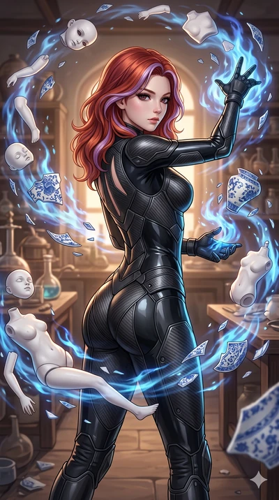score_9, masterpiece, best quality, ultra-detailed, high-budget anime keyframe, Caucasian woman, strictly human ears. upper body close-up from the thighs up, character filling the screen for maximum presence. assisting in an alchemical porcelain work