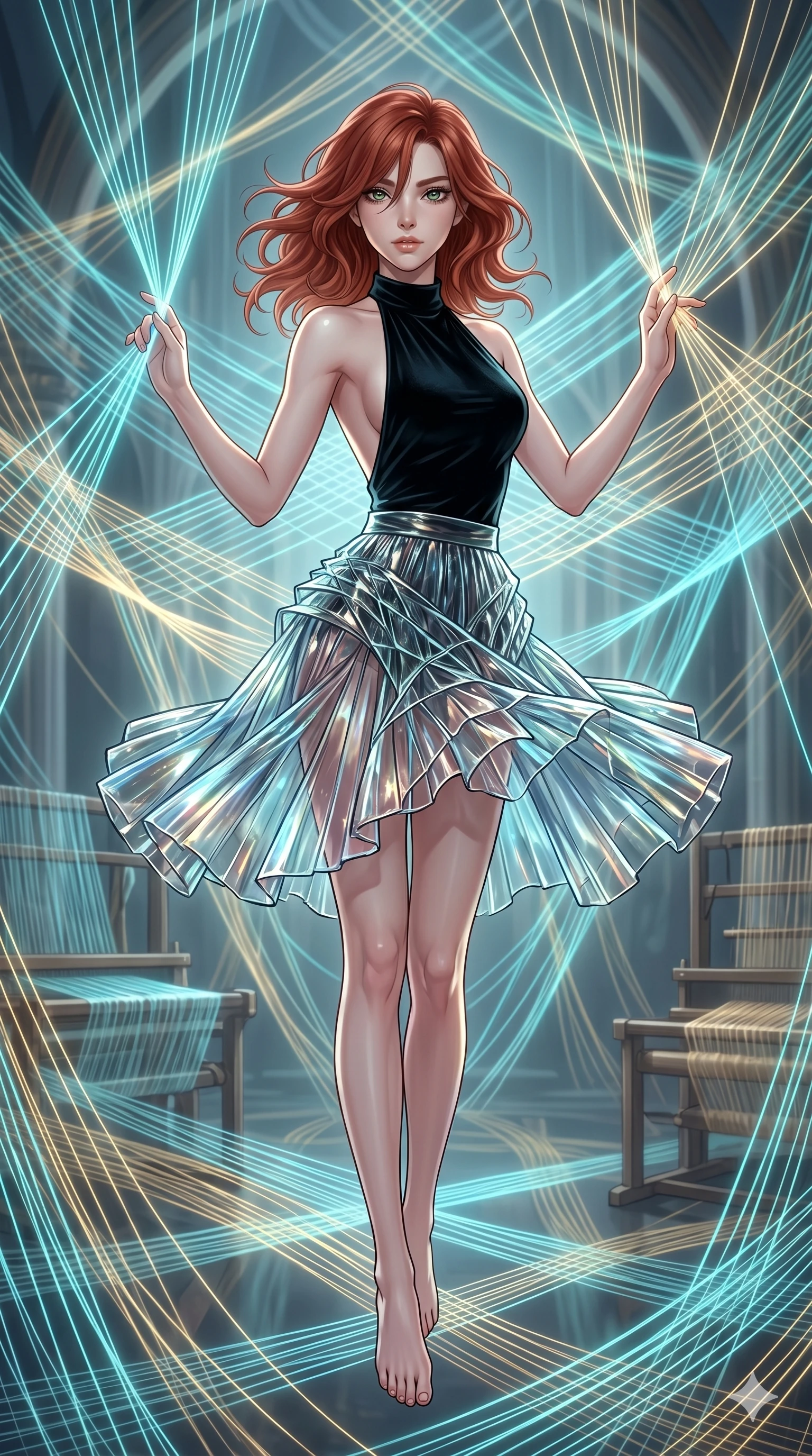 score_9, masterpiece, best quality, ultra-detailed, high-budget anime keyframe, Korean woman. upper body close-up from the thighs up, character filling the screen for maximum presence. floating suspended in an ethereal loom room where millions of luminescent cyan and gold threads intersect and weave geometric patterns. She has an absolutely perfect 8-heads proportion, an exceptionally tall and slender female figure with impossibly long slender legs and an ultra-slim waist. V-shaped jawline, high-bridge nose, intricate jewel-like eyes with depth, thick eyelashes, glossy lips with a natural sheen.. wearing a fractal glass pleated skirt and a backless black velvet halter neck top, creating a dramatic and elegant silhouette. lit by a soft glowing ambient light and a sharp side key light that traces the sleek contours of her athletic build. 2k, ultra detail, master piece, 9:16 ratio
