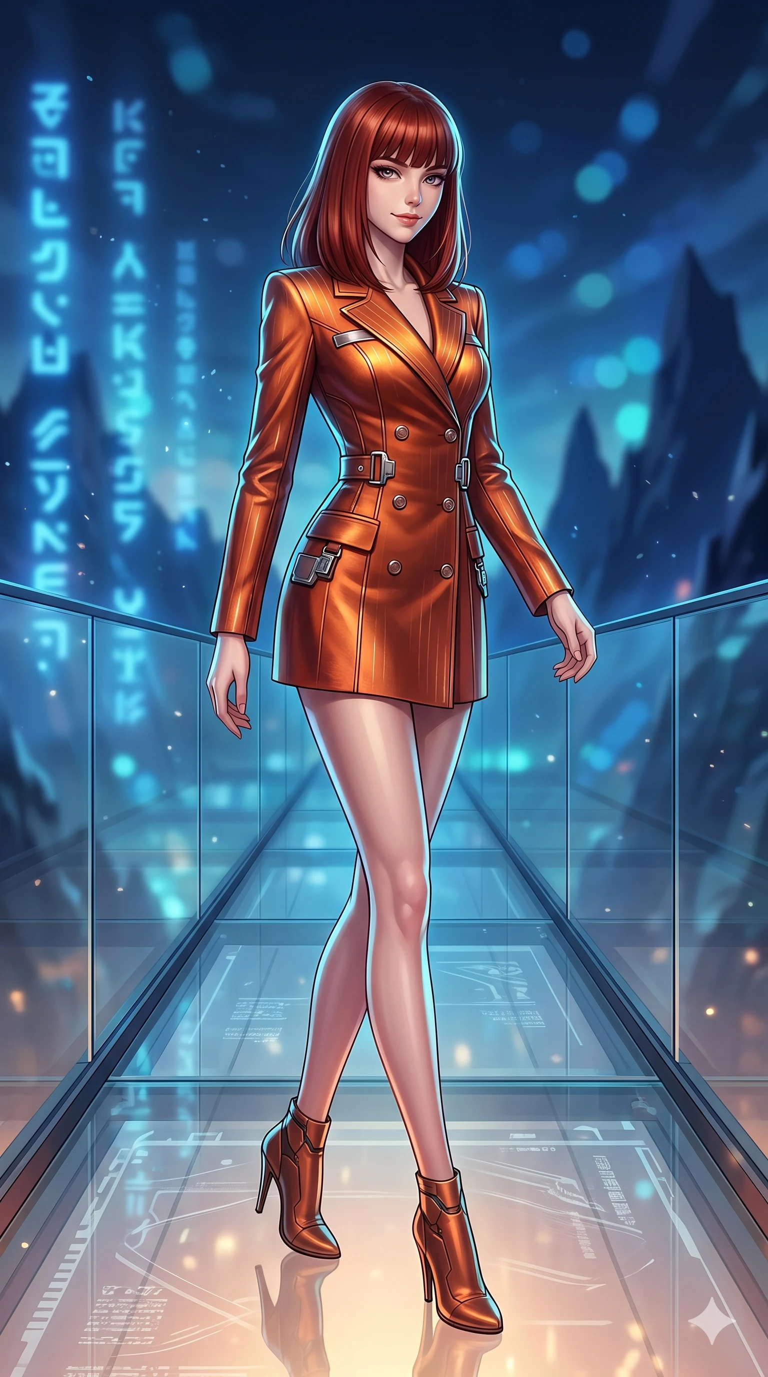 score_9, masterpiece, best quality, ultra-detailed, high-budget anime keyframe, semi-realistic 3D game render, editorial fashion photography, tasteful artistic composition, Caucasian woman. low angle full-body shot from head to toe showing her feet, filling the entire 9:16 vertical frame with her statuesque presence, stretching her vertical silhouette. walking slowly along the transparent glass skybridge, looking back over her shoulder with an air of effortless grace and an alluring, smoldering smile while kneeling gracefully on the glass sand terrace with one leg extended, looking back over her shoulder with an intoxicating sensual smile. The background shows a soft-focus pulsing blue luminescent alien hieroglyphs, floating dust motes, and distant jagged obsidian mountain silhouettes blurred into sapphire, cyan, and deep indigo bokeh. She has an absolutely perfect, statuesque 8.5-heads proportion, an exceptionally tall and slender model-like female figure with impossibly long slender legs, an ultra-slim waist, a flat toned midriff, narrow delicate ribcage, and beautifully sculpted feminine hips creating a graceful, slim hourglass silhouette without any bulky heaviness. sharp v-shaped jawline, high-bridge nose, intricate jewel-like sparkling eyes with depth, thick eyelashes, glossy parted lips with a natural sheen, bright confident smile with an enchanting and coquettish sensual glint, exuding both youthful magnetic charm and sovereign high-tech allure, flawlessly proportioned anatomical accuracy, strict slender model proportions, natural body alignment, perfectly sculpted long slender limbs, ultra-slim waistline, clean dynamic posture without body distortion. wearing a tailored double-breasted cyber-operative blazer dress with subtle metallic pin-stripes and structured lapels in fiery geothermal copper and molten amber glow, tailored from brushed aeronautical titanium alloy with matte satin sheen, finished with polished chrome buckle hardware and modular magnetic holster clasps, the bespoke structured tailoring following the natural line of her 8.5-heads silhouette with refined elegance. illuminated by sand surface bounce and sharp sapphire-cyan rim lights sculpting her razor-sharp jawline, narrow waist, and curvy hips. highly saturated vibrant anime colors, detailed shading with soft gradients, rich glossy textures, high-contrast stereoscopic depth, volumetric dynamic lighting, master piece, 9:16 ratio