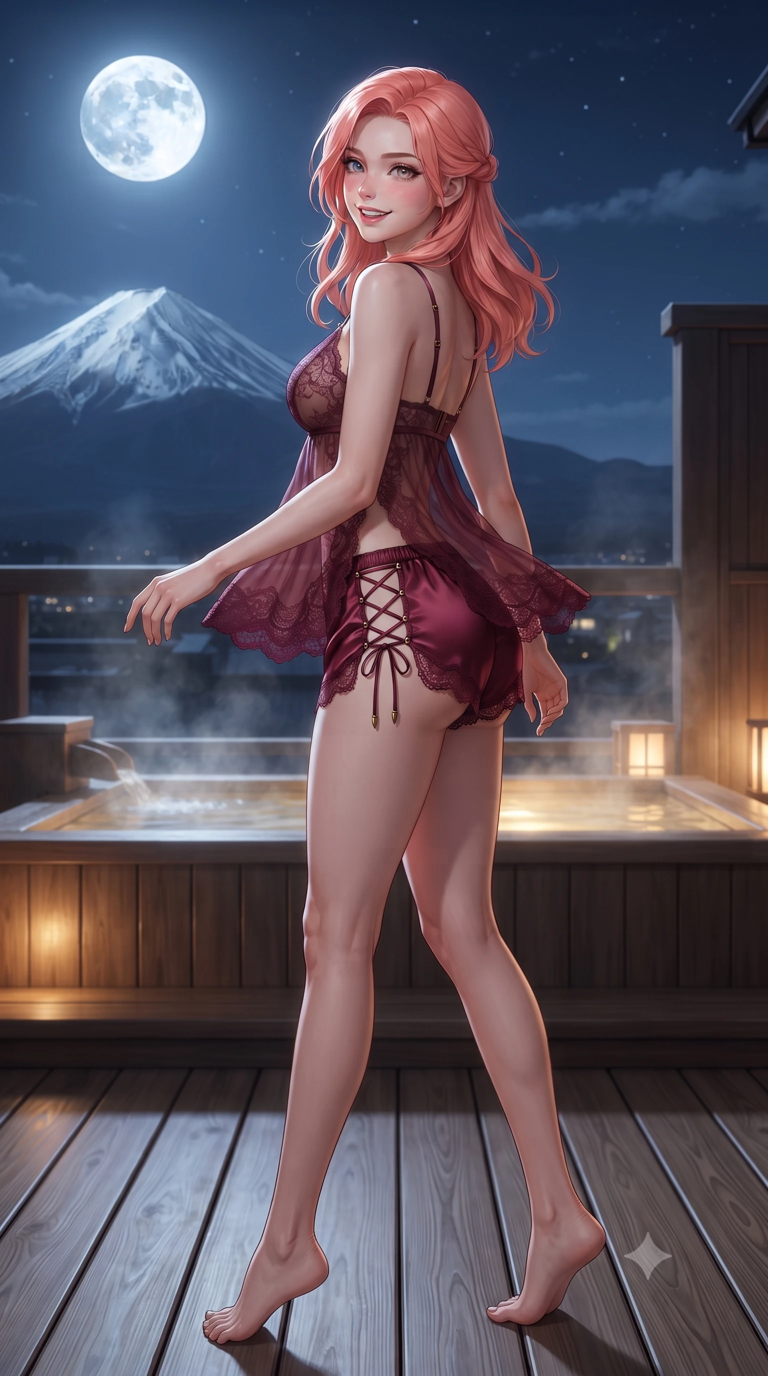 score_9, masterpiece, best quality, ultra-detailed, high-budget anime keyframe, editorial fashion photography, tasteful artistic composition, Japanese woman. low angle full-body shot from head to toe showing her feet, filling the entire 9:16 vertical frame with her statuesque presence, stretching her vertical silhouette. executing a slow, graceful pivot turn as her skirt sways around her slender legs, glancing back with an enchanting, teasing sensual expression while standing poised on the heated cypress deck beside the steaming rooftop onsen, arching her lower back with siren allure as the snow-capped cone of Mount Fuji gleams under full moonlight. The surrounding environment is rendered in vivid detail and crisp panoramic clarity: detailed semi-sheer botanical lace teddy weave, open back ties, and master Japanese woodworking in razor-sharp precision. She has an exceptionally tall and slender model-like 8.5-heads proportion, an ultra-slim waist, a flat toned midriff, narrow delicate ribcage, and beautifully sculpted feminine hips creating a graceful, slim hourglass silhouette without any bulky heaviness, with impossibly long slender legs. sharp v-shaped jawline, high-bridge nose, intricate jewel-like sparkling eyes with depth, thick eyelashes, glossy parted lips with a natural peach sheen, bright cheerful beaming smile with an enchanting and coquettish sensual glint, exuding both youthful cute charm and seductive allure, flawlessly proportioned anatomical accuracy, strict slender model proportions, natural body alignment, perfectly sculpted long slender limbs, ultra-slim waistline, clean dynamic posture without body distortion. wearing a delicate sheer lace babydoll camisole paired with matching satin tap pants with scalloped eyelash lace trim in French boudoir bordeaux wine and antique brass, crafted from fluid liquid silk satin that clings smoothly to her narrow waist and rounded hips with a dewy sheen, featuring fine criss-cross lace-up side ties revealing tantalizing glimpses of her hip curve, the precision-cut side openings and low-back scoop framing her graceful spine and the sensual sweep of her slim, toned hips. bathed in the majestic silver moonlight illuminating the snow peak combined with warm 2400K submerged tub LEDs. ultra-reflective glossy finish, specular highlights, rich textural contrasts, high-contrast stereoscopic depth, volumetric dynamic lighting, 2k, ultra detail, master piece, 9:16 ratio