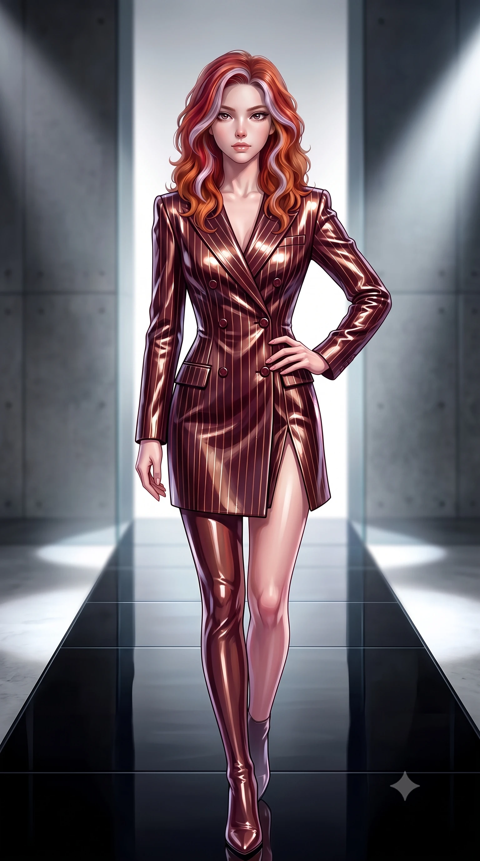 score_9, masterpiece, best quality, ultra-detailed, high-budget anime keyframe, editorial fashion photography, tasteful artistic composition, Caucasian woman. close-up cowboy shot from the waist and thighs up, the character dominates the composition, filling the frame with her large presence, background elements kept in soft focus. Holding a confident power pose with one hand on her hip, gazing directly into the camera with quiet intensity walking down a reflective black runway surrounded by dramatic fashion spotlights, sleek glass and polished concrete surfaces highlighting her statuesque form. She has an exceptionally elegant, slender, and willowy female figure with an ultra-slim waist, a gracefully sculpted slender torso, and a refined silhouette. sharp v-shaped jawline, high-bridge nose, intricate jewel-like eyes with depth, thick eyelashes, glossy lips with a natural sheen. wearing a double-breasted blazer dress with metallic pin-stripes in deep burgundy and bronze, tailored from high-gloss patent leather, finished with a sleek side slit ascending to mid-thigh, the form-contouring material highlighting her ultra-slim waist and long lines. bathed in bright white museum key light with sharp editorial side shadows. highly saturated vibrant anime colors, detailed shading with soft gradients, rich glossy textures, high-contrast stereoscopic depth, volumetric dynamic lighting, master piece, 9:16 ratio