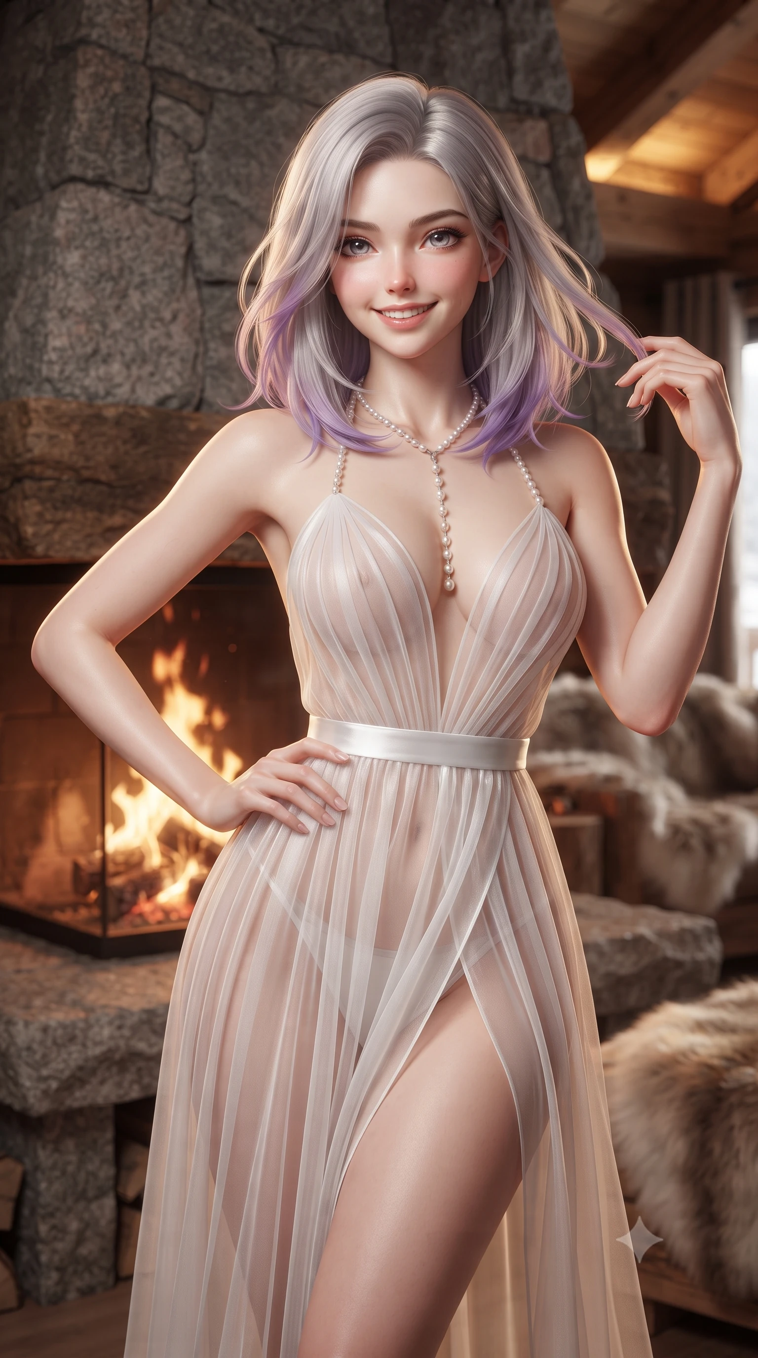 score_9, masterpiece, best quality, ultra-detailed, high-budget anime keyframe, editorial fashion photography, tasteful artistic composition, Caucasian woman. close-up cowboy shot from the waist and thighs up, the character dominates the composition, filling the frame with her large presence. twisting her slender torso in an alluring contrapposto stance, one hand resting on her sculpted hip while her fingers toy with her hair with effortless poise while standing poised before the massive rough-hewn granite fireplace, arching her lower back as dancing log fire ribbons illuminate her silhouette. The background shows a soft-focus cascading fur throws softened in ultra-cozy Swiss mountain sanctuary shallow focus. She has an exceptionally elegant, slender, and willowy female figure with an ultra-slim waist, flat toned midriff, narrow ribcage, and sculpted feminine hips creating an alluring, slim hourglass silhouette without bulk. sharp v-shaped jawline, high-bridge nose, intricate jewel-like sparkling eyes with depth, thick eyelashes, glossy parted lips with a natural peach sheen, bright cheerful beaming smile with an enchanting and coquettish sensual glint, exuding both youthful cute charm and seductive allure, flawlessly proportioned anatomical accuracy, strict slender model proportions, natural body alignment, perfectly sculpted long slender limbs, ultra-slim waistline, clean dynamic posture without body distortion. wearing a sheer pleated silk organza babydoll dress with plunging sweetheart neckline and satin waist ribbon in pure translucent crystal white and iridescent pearl, tailored from ultra-plush silk velvet with rich tactile depth and deep shadow gradients, accented with a pearl-drop body harness subtly framing her dewy collarbones and spine, the high-slit wrap tailoring accentuating her ultra-slim waistline and the enchanting curve of her feminine hips with alluring seductive charm. illuminated by timber ceiling bounce and sharp copper-gold rim lights defining her razor-sharp jawline, narrow waist, and curvy hips. ultra-reflective glossy finish, specular highlights, rich textural contrasts, high-contrast stereoscopic depth, volumetric dynamic lighting, 2k, ultra detail, master piece, 9:16 ratio