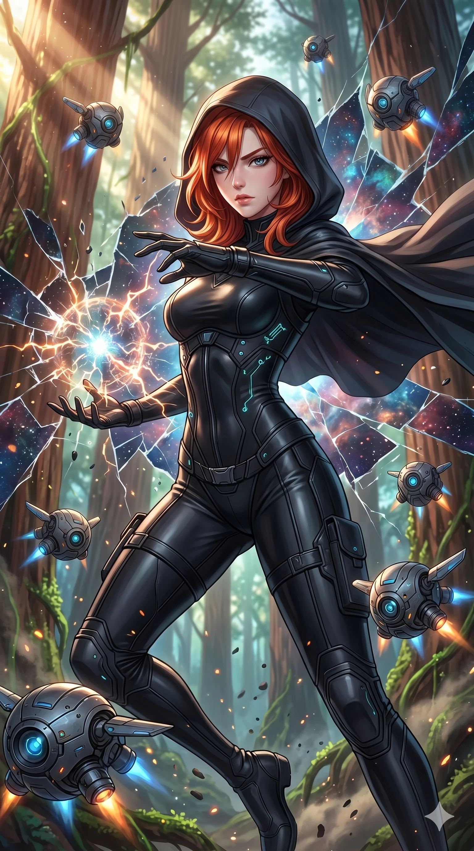 score_9, masterpiece, best quality, ultra-detailed, Set A: High-budget Anime Keyframe, Korean woman. Upper body close-up from the thighs up, character filling the screen for maximum presence. Theme: Primal Nature. shattering the fabric of reality in a giant redwood forest with glowing vines, surrounded by 9 hovering guardian drones. The atmosphere is filled with cinematic sunlight through leaves. She has an absolutely perfect 8-heads proportion, an exceptionally tall and slender female figure with impossibly long slender legs and an ultra-slim waist. Sharp v-shaped jawline, high-bridge nose, intricate jewel-like eyes with depth, glossy lips. Wearing Tech-assassin gear with a hooded cloak and a form-fitting matte black latex suit. Cinematic lighting, vivid colors, dramatic shadows, 2k, ultra detail, master piece, 9:16 ratio