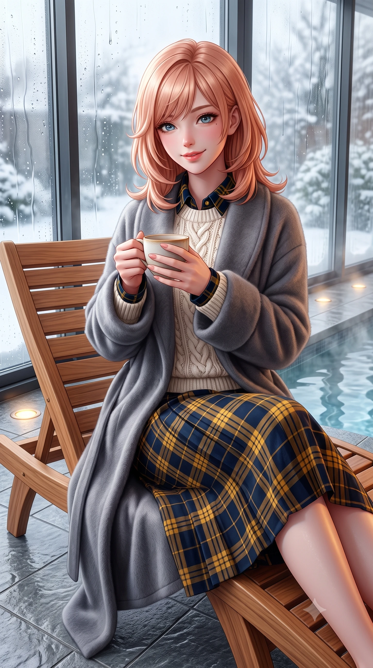 score_9, masterpiece, best quality, ultra-detailed, high-budget anime keyframe, semi-realistic 3D game render, editorial fashion photography, tasteful artistic composition, Japanese woman. close-up cowboy shot from the waist and thighs up, the character dominates the composition, filling the frame with her large presence. holding a warm porcelain cup in both hands while tilting her head with an enchanting, beaming smile while sitting gracefully on an ergonomic teak chaise lounge beside the thermal relaxation pool, wrapped in a plush cashmere robe coat with quiet luxury. The surrounding environment is rendered in vivid detail and crisp panoramic clarity: sharp thermal glass mullion seams, water droplet rivulets on exterior panes, and textured grey Vals quartzite stone tiles in deep focus. She has an exceptionally elegant, slender, and willowy female figure with an ultra-slim waist, flat toned midriff, narrow ribcage, and sculpted feminine hips creating an alluring, slim hourglass silhouette without bulk. sharp v-shaped jawline, high-bridge nose, intricate jewel-like sparkling eyes with depth, thick eyelashes, glossy parted lips with a natural peach sheen, bright cheerful beaming smile with an enchanting and coquettish sensual glint, exuding both youthful cute charm and seductive allure, flawlessly proportioned anatomical accuracy, strict slender model proportions, natural body alignment, perfectly sculpted long slender limbs, ultra-slim waistline, clean dynamic posture without body distortion. wearing an ivory cable-knit fisherman sweater paired with a pleated wool tartan midi skirt and a crisp collared poplin shirt in Ginza vintage brass gold and midnight navy, crafted from rich cotton velvet with deep light-absorbing pile and soft gradients, finished with fine mother-of-pearl cuff buttons catching the soft ambient light, the streamlined silhouette following her natural slender proportions with sophisticated poise, enhancing her tall willowy presence. bathed in calm diffused winter daylight filtering through steamy glass panes combined with warm 2800K recessed floor lights. highly saturated vibrant anime colors, detailed shading with soft gradients, rich glossy textures, high-contrast stereoscopic depth, volumetric dynamic lighting, master piece, 9:16 ratio