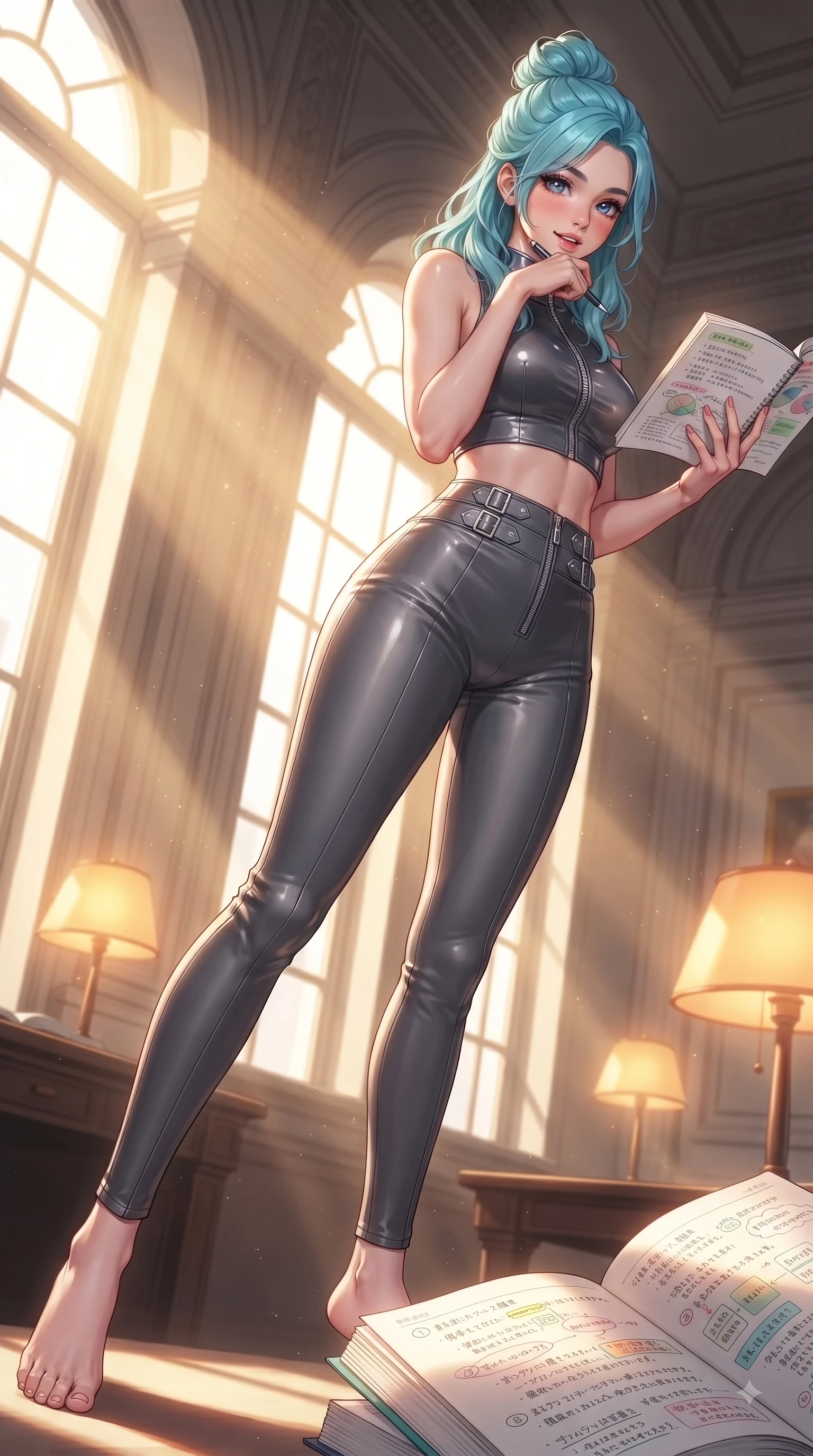 score_9, masterpiece, best quality, ultra-detailed, high-budget anime keyframe, editorial fashion photography, tasteful artistic composition, Japanese woman. low angle full-body shot from head to toe showing her feet, filling the entire 9:16 vertical frame with her statuesque presence, stretching her vertical silhouette. pivoting dynamically in mid-motion with a delighted cute expression, displaying her perfect model proportions while resting her chin thoughtfully on her hand while reviewing colorful study notes under sunbeams, intense volumetric sunbeams filtering through tall arched windows in golden rays. She has an absolutely perfect, statuesque 8.5-heads proportion, an exceptionally tall and slender model-like female figure with impossibly long slender legs and an ultra-slim waist. sharp v-shaped jawline, high-bridge nose, intricate jewel-like eyes with depth, thick eyelashes, glossy lips with a natural sheen, flawlessly proportioned anatomical accuracy, natural body alignment, perfectly sculpted elegant limbs, clean dynamic posture without body distortion. wearing a glossy vinyl crop top and high-waist tailored leggings with sleek zippers in charcoal grey and platinum, crafted from smooth liquid silk, detailed with polished silver buckles along the waistline, the glove-like fit emphasizing her statuesque silhouette during motion. illuminated by soft glowing amber desk lamps and majestic window highlights. ultra-reflective glossy finish, specular highlights, metallic sheen, high-contrast stereoscopic depth, volumetric dynamic lighting, 2k, ultra detail, master piece, 9:16 ratio