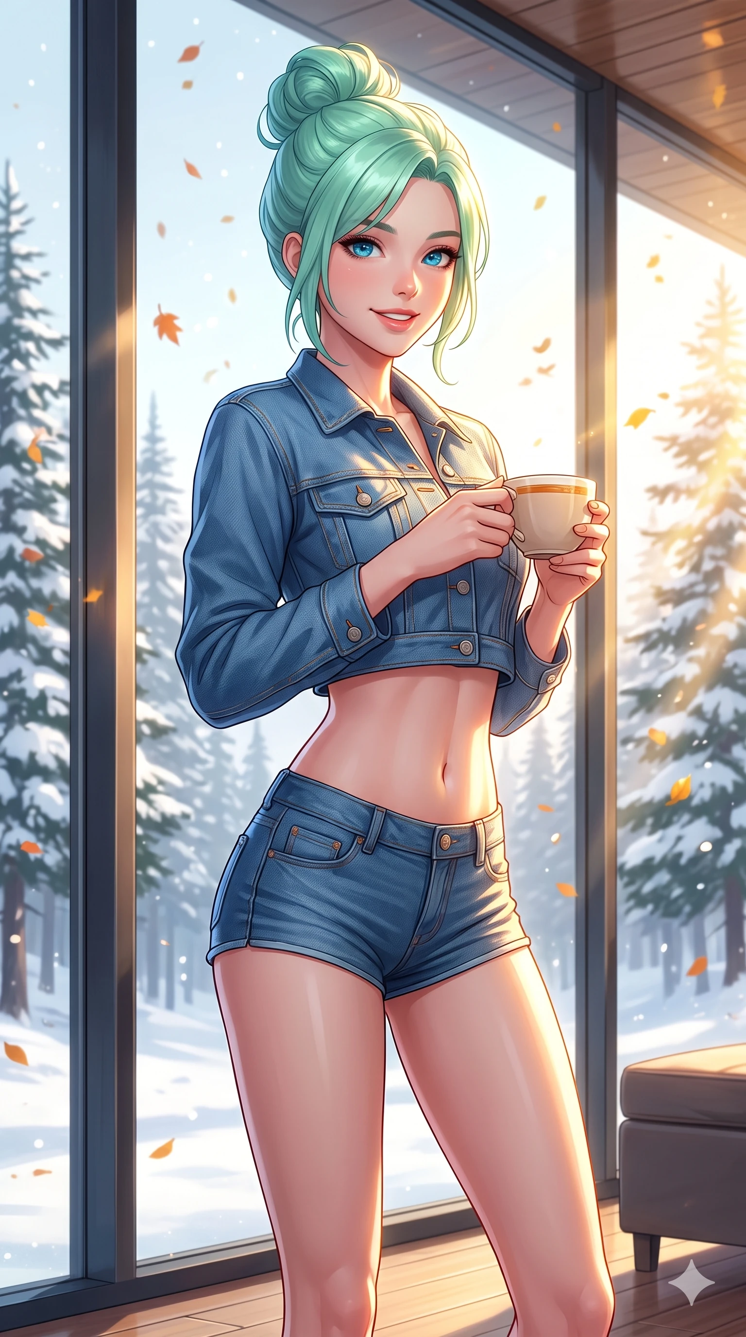 score_9, masterpiece, best quality, ultra-detailed, high-budget anime keyframe, vibrant anime aesthetic, Japanese woman. cowboy shot from the thighs up, character and outfit filling the frame for maximum presence. She is holding a cup of tea, smiling warmly with a gentle and cheerful winter gaze by a modern resort lobby with snowy pine views (Code-P21-101). She has an absolutely perfect 8-heads proportion, an exceptionally tall and slender female figure with impossibly long slender legs and an ultra-slim waist. V-shaped jawline, high-bridge nose, intricate jewel-like eyes with depth, thick eyelashes, glossy lips with a natural sheen. wearing a cropped denim jacket showing her exposed midriff and micro-shorts in autumn. She is lit by bright sunbeams reflecting off autumn leaves, casting warm golden highlights. 2k, ultra detail, master piece, 9:16 ratio
