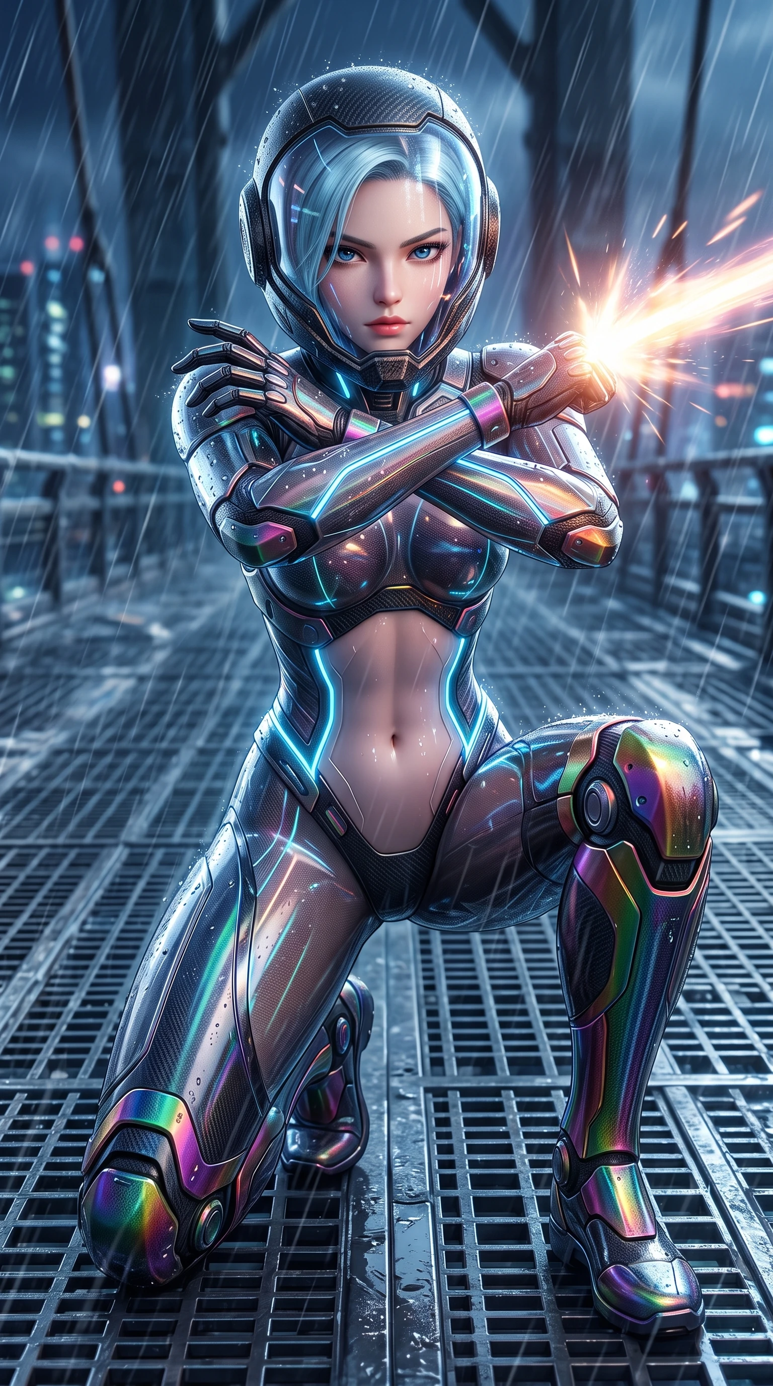 score_9, masterpiece, best quality, ultra-detailed, high-budget anime keyframe, semi-realistic 3D game render, editorial fashion photography, tasteful artistic composition, Korean woman. close-up cowboy shot from the waist and thighs up, the character dominates the composition, filling the frame with her large presence. shifting into a low cat-stance with arms crossed defensively, glowing energy conduits tracing her ultra-slim waist and sculpted clavicle while pivoting dynamically as gale-force winds and torrential rain whip across the bridge, parrying an incoming blast with cross-armed guard. The surrounding environment is rendered in vivid detail and crisp panoramic clarity. crystal-clear transparent visor reflections, distinct raindrop beads on armor, and bridge steel grating in deep focus. She has an exceptionally elegant, slender, and willowy female figure with an ultra-slim waist, a gracefully sculpted slender torso, toned flat midriff, and a refined slim silhouette. sharp v-shaped jawline, high-bridge nose, intricate jewel-like eyes with depth, thick eyelashes, glossy lips with a natural sheen, fierce and resolute heroine expression, flawlessly proportioned anatomical accuracy, strict slender model proportions, natural body alignment, perfectly sculpted long slender limbs, ultra-slim waistline, clean dynamic posture without body distortion. wearing an open-face aerodynamic carbon-fiber combat helmet with a retracted transparent holographic HUD visor framing her sharp jawline and jewel-like eyes, paired with an ultra-sleek high-gloss carbon-composite exoskeleton suit featuring kinetic shock-absorbing shin guards and flexible limb articulation joints in high-gloss iridescent rainbow carbon with scorched titanium plating, crafted from semi-translucent cybernetic carbon-vinyl interwoven with glowing micro-filaments, accented with glowing fiber-optic telemetry conduits tracing her collarbones and hip curves, the form-contouring material adhering flawlessly to her sculpted flat midriff and slender torso, emphasizing her long leg lines and perfectly proportioned willowy build. surrounded by an elevated, supreme, and breathtakingly courageous high-altitude defender aura. rich saturated anime colors with glowing neon highlights, detailed shading with soft gradients, rich glossy textures, high-contrast stereoscopic depth, volumetric dynamic lighting, master piece, 9:16 ratio