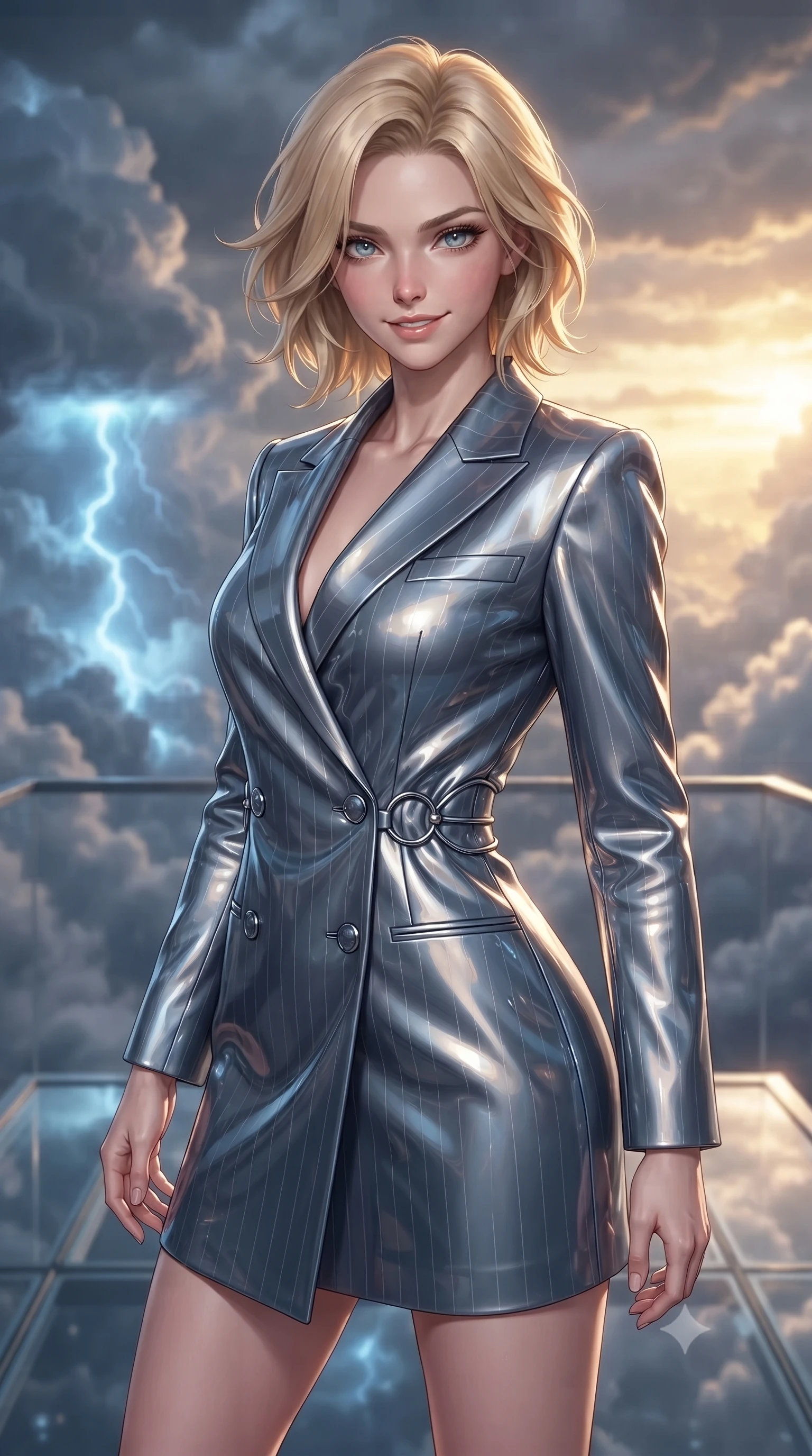 score_9, masterpiece, best quality, ultra-detailed, high-budget anime keyframe, editorial fashion photography, tasteful artistic composition, Caucasian woman. close-up cowboy shot from the waist and thighs up, the character dominates the composition, filling the frame with her large presence, background elements kept in soft focus. Smiling with quiet, magnetic self-assurance directly into the lens poised on a sky platform as gentle internal lightning flashes illuminate cloud walls, dramatic contrast of warm golden sunset outside and cool electric blue inside. She has an exceptionally elegant, slender, and willowy female figure with an ultra-slim waist, a gracefully sculpted slender torso, and a refined silhouette. sharp v-shaped jawline, high-bridge nose, intricate jewel-like eyes with depth, thick eyelashes, glossy lips with a natural sheen. wearing a double-breasted blazer dress with metallic pin-stripes in slate blue and metallic silver, tailored from high-gloss patent leather, accented with delicate chrome ring hardware framing her waist, the elegant draped fit framing her graceful clavicle and slender torso. illuminated by soft internal cloud lightning and golden sunset backlighting. ultra-reflective glossy finish, specular highlights, metallic sheen, high-contrast stereoscopic depth, volumetric dynamic lighting, 2k, ultra detail, master piece, 9:16 ratio