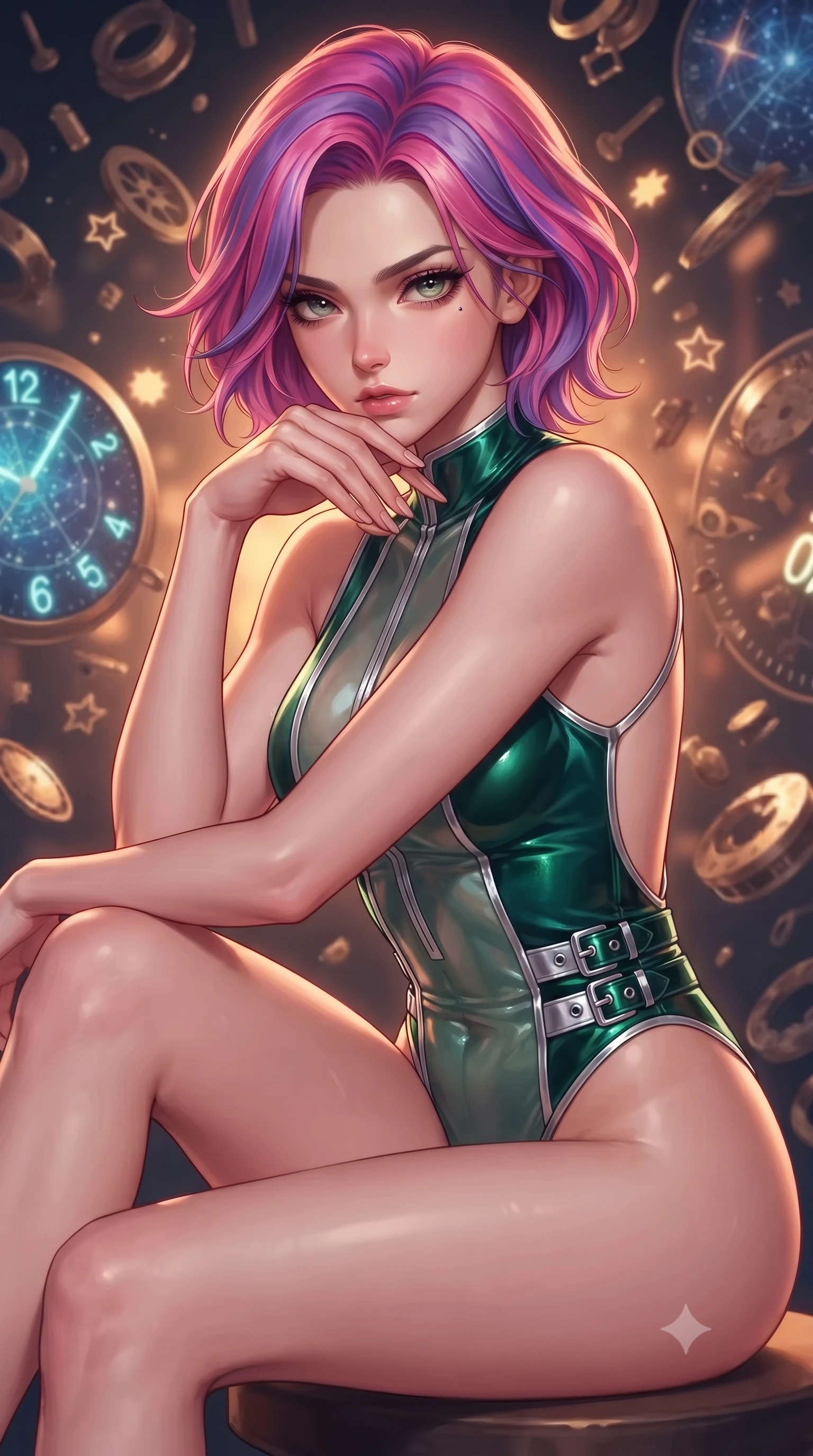 score_9, masterpiece, best quality, ultra-detailed, high-budget anime keyframe, editorial fashion photography, tasteful artistic composition, Caucasian woman. close-up cowboy shot from the waist and thighs up, the character dominates the composition, filling the frame with her large presence, background elements kept in soft focus. Resting her chin on the backs of her fingers, casting a sharp, mysterious gaze navigating a blizzard of floating analog gear parts and glowing star maps, glowing neon clock numbers floating in the air with vintage elegancy. She has an exceptionally elegant, slender, and willowy female figure with an ultra-slim waist, a gracefully sculpted slender torso, and a refined silhouette. sharp v-shaped jawline, high-bridge nose, intricate jewel-like eyes with depth, thick eyelashes, glossy lips with a natural sheen. wearing a high-cut translucent vinyl leotard with front paneling and open back in deep emerald green and silver accent, made of premium stretch velvet with a rich sheen, detailed with polished silver buckles along the waistline, the glove-like fit emphasizing her statuesque silhouette. bathed in warm twilight amber backlighting and rich metallic specular glow. highly saturated vibrant anime colors, detailed shading with soft gradients, rich glossy textures, high-contrast stereoscopic depth, volumetric dynamic lighting, master piece, 9:16 ratio