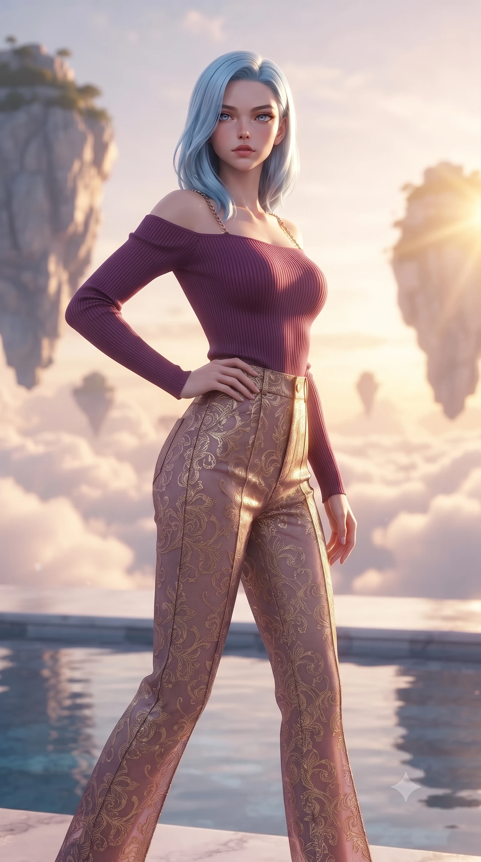 score_9, masterpiece, best quality, ultra-detailed, high-budget anime keyframe, editorial fashion photography, tasteful artistic composition, Korean woman. close-up cowboy shot from the waist and thighs up, the character dominates the composition, filling the frame with her large presence, background elements kept in soft focus. Holding a powerful dynamic pose with one hand on her hip and body angled dramatically toward the key light while stepping along a cloudtop platinum terrace suspended between flying hydro-islands, still pool waters mirroring her slender silhouette and the open cloudscape. She has an exceptionally elegant, slender, and willowy female figure with an ultra-slim waist, a gracefully sculpted slender torso, and a refined silhouette. sharp v-shaped jawline, high-bridge nose, intricate jewel-like eyes with depth, thick eyelashes, glossy lips with a natural sheen, flawlessly proportioned anatomical accuracy, natural body alignment, perfectly sculpted elegant limbs, clean dynamic posture without body distortion. wearing a sleek off-shoulder ribbed knit top paired with high-waist tailored pants in plum purple and gold filigree, woven from fine semi-opaque sheer organza, adorned with delicate metallic chain straps along the neckline, the sleek second-skin texture accentuating her magnetic presence. bathed in glorious golden hour sunbeams and warm rose-gold ambient light. ultra-reflective glossy finish, specular highlights, metallic sheen, high-contrast stereoscopic depth, volumetric dynamic lighting, 2k, ultra detail, master piece, 9:16 ratio