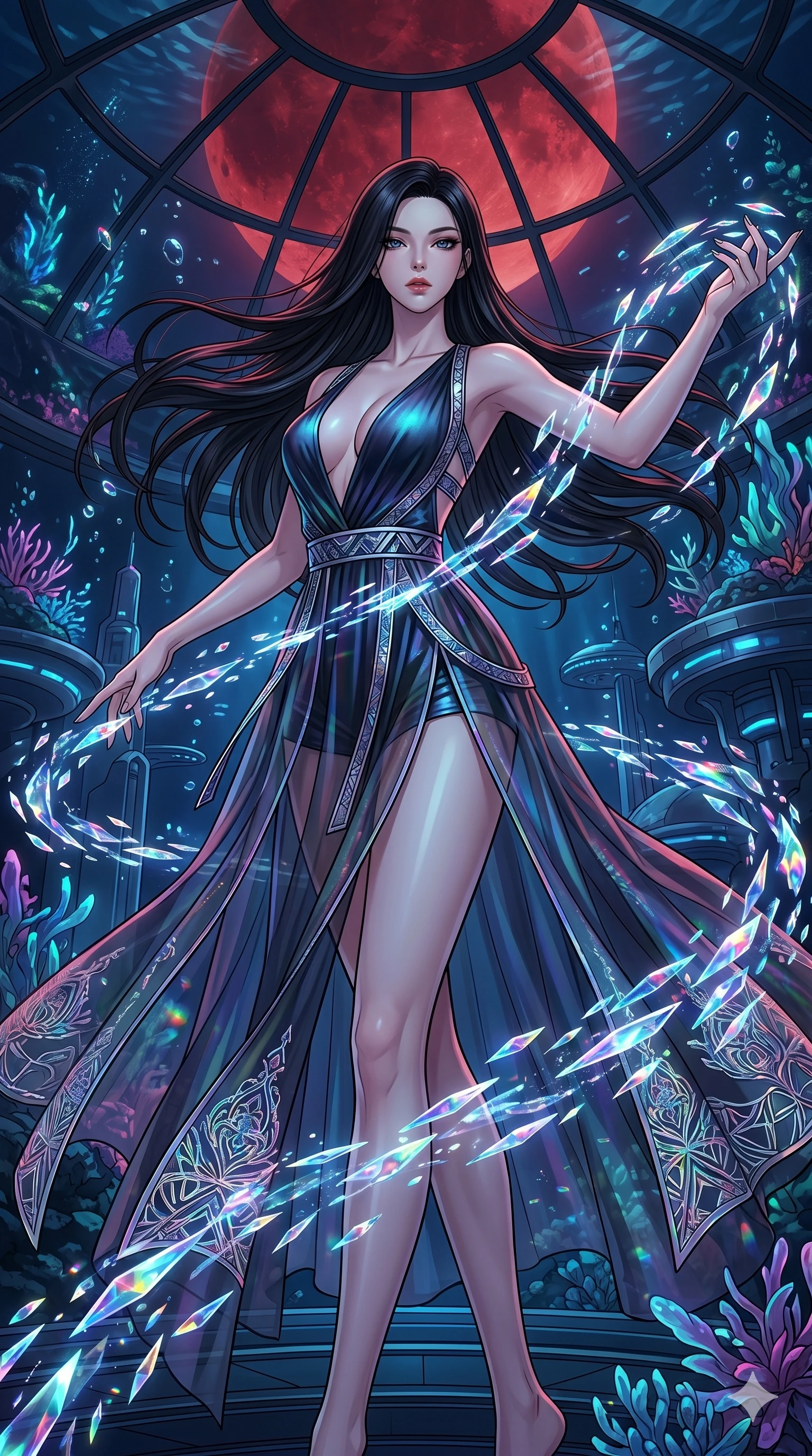 score_9, masterpiece, best quality, ultra-detailed, high-budget anime movie keyframe, cinematic anime lighting, intricate line art, Korean woman. Low angle cowboy shot filling the entire 9:16 frame with her statuesque presence. dancing with data-shards in a underwater city dome under a blood moon. She has an absolutely perfect 8-heads proportion, an exceptionally tall and slender female figure with an ultra-slim waist and impossibly long slender legs. sharp v-shaped jawline, high-bridge nose, intricate jewel-like eyes, thick eyelashes, glossy lips. Wearing modernized deep-plunging silk hanbok-fusion with metallic straps, a high-slit sheer skirt over micro-shorts, and holographic embroidered patterns. The scene is illuminated by dramatic atmospheric lighting and vibrant color palettes. , 2k, ultra detail, master piece, 9:16 ratio