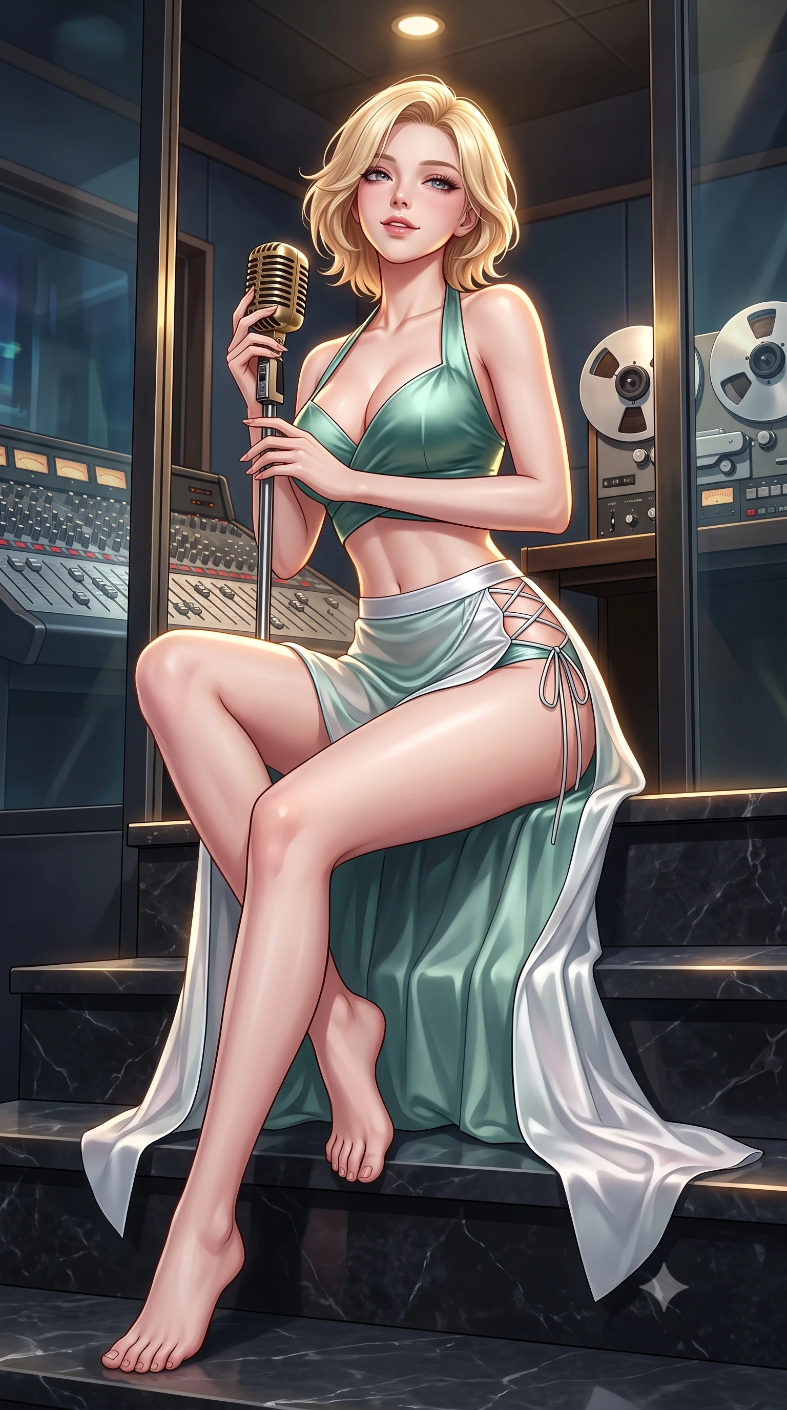 score_9, masterpiece, best quality, ultra-detailed, high-budget anime keyframe, semi-realistic 3D game render, editorial fashion photography, tasteful artistic composition, Caucasian woman. low angle full-body shot from head to toe showing her feet, filling the entire 9:16 vertical frame with her statuesque presence, stretching her vertical silhouette. sitting poised on the stone steps with one knee bent, arching her spine with supermodel elegance as she glances upward through thick eyelashes while standing inside the soundproof glass vocal booth holding a vintage condenser microphone, arching her back with passionate siren allure. The surrounding environment is rendered in vivid detail and crisp panoramic clarity: sharp mixing desk fader scales, spinning reel-to-tape guide rollers, and polished brass microphone grill in deep focus. She has an absolutely perfect, statuesque 8.5-heads proportion, an exceptionally tall and slender model-like female figure with impossibly long slender legs, an ultra-slim waist, a flat toned midriff, narrow delicate ribcage, and beautifully sculpted feminine hips creating a graceful, slim hourglass silhouette without any bulky heaviness. sharp v-shaped jawline, high-bridge nose, sparkling eyes with hypnotic seductive depth, thick curled eyelashes, glossy parted lips with a natural dewy peach sheen, alluring bedroom-eyes with an enchanting coquettish smile, exuding magnetic siren charisma and sophisticated glamour, flawlessly proportioned anatomical accuracy, strict slender model proportions, natural body alignment, perfectly sculpted long slender limbs, ultra-slim waistline, clean dynamic posture without body distortion. wearing a plunging sweetheart-neckline silk jeogori crop top paired with an ultra-high-slit translucent chima wrap skirt and satin briefs in moonlit jade green and pure alabaster white with silver accents, crafted from fluid liquid silk satin that clings smoothly to every curve with a dewy sheen, featuring fine criss-cross lace-up side ties revealing tantalizing glimpses of her hip curve, the second-skin tailored fabric adhering flawlessly to her sculpted flat midriff and slender torso, emphasizing her long leg lines and perfectly proportioned willowy build. illuminated by mixing board reflection fill and sharp warm-gold rim lights sculpting her jawline, narrow waist, and curvy hips. highly saturated vibrant anime colors, detailed shading with soft gradients, rich glossy textures, high-contrast stereoscopic depth, volumetric dynamic lighting, master piece, 9:16 ratio