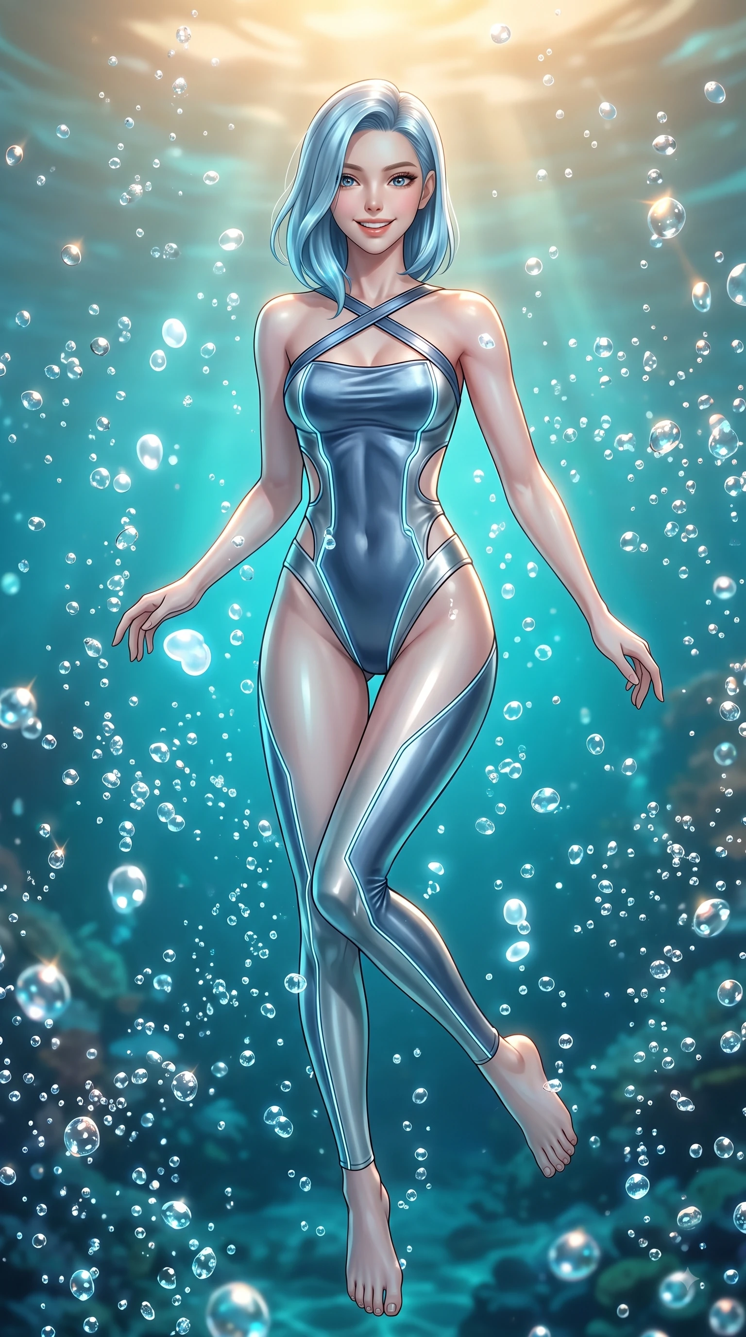 score_9, masterpiece, best quality, ultra-detailed, high-budget anime keyframe, editorial fashion photography, tasteful artistic composition, Korean woman. low angle full-body shot from head to toe showing her feet, filling the entire 9:16 vertical frame with her statuesque presence, stretching her vertical silhouette. performing a cheerful mid-air rotation with flawless poise, her radiant smile capturing pure happy energy while floating dynamically in a pristine coral lagoon as sea bubbles glitter around her like diamonds, rising bioluminescent bubbles casting soft pearl-white highlights on her skin. She has an absolutely perfect, statuesque 8.5-heads proportion, an exceptionally tall and slender model-like female figure with impossibly long slender legs and an ultra-slim waist. sharp v-shaped jawline, high-bridge nose, intricate jewel-like eyes with depth, thick eyelashes, glossy lips with a natural sheen, flawlessly proportioned anatomical accuracy, natural body alignment, perfectly sculpted elegant limbs, clean dynamic posture without body distortion. wearing a skin-tight cybernetic bodysuit with glowing neon seams and side cutouts in slate blue and metallic silver, made of premium stretch velvet with a rich sheen, complemented by criss-cross back straps highlighting her bare shoulders, the elegant draped fit framing her graceful clavicle and slender torso. illuminated by cheerful aqua bioluminescence and warm golden top lighting. ultra-reflective glossy finish, specular highlights, metallic sheen, high-contrast stereoscopic depth, volumetric dynamic lighting, 2k, ultra detail, master piece, 9:16 ratio