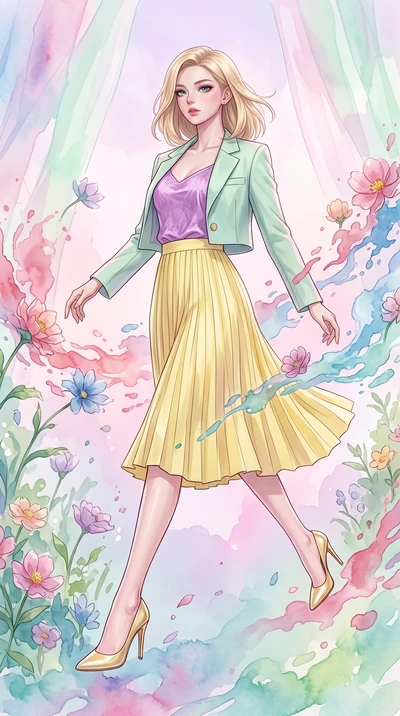 score_9, masterpiece, best quality, ultra-detailed, high-budget anime keyframe, editorial fashion photography, tasteful artistic composition, Korean woman. low angle full-body shot from head to toe showing her feet, filling the entire 9:16 vertical f