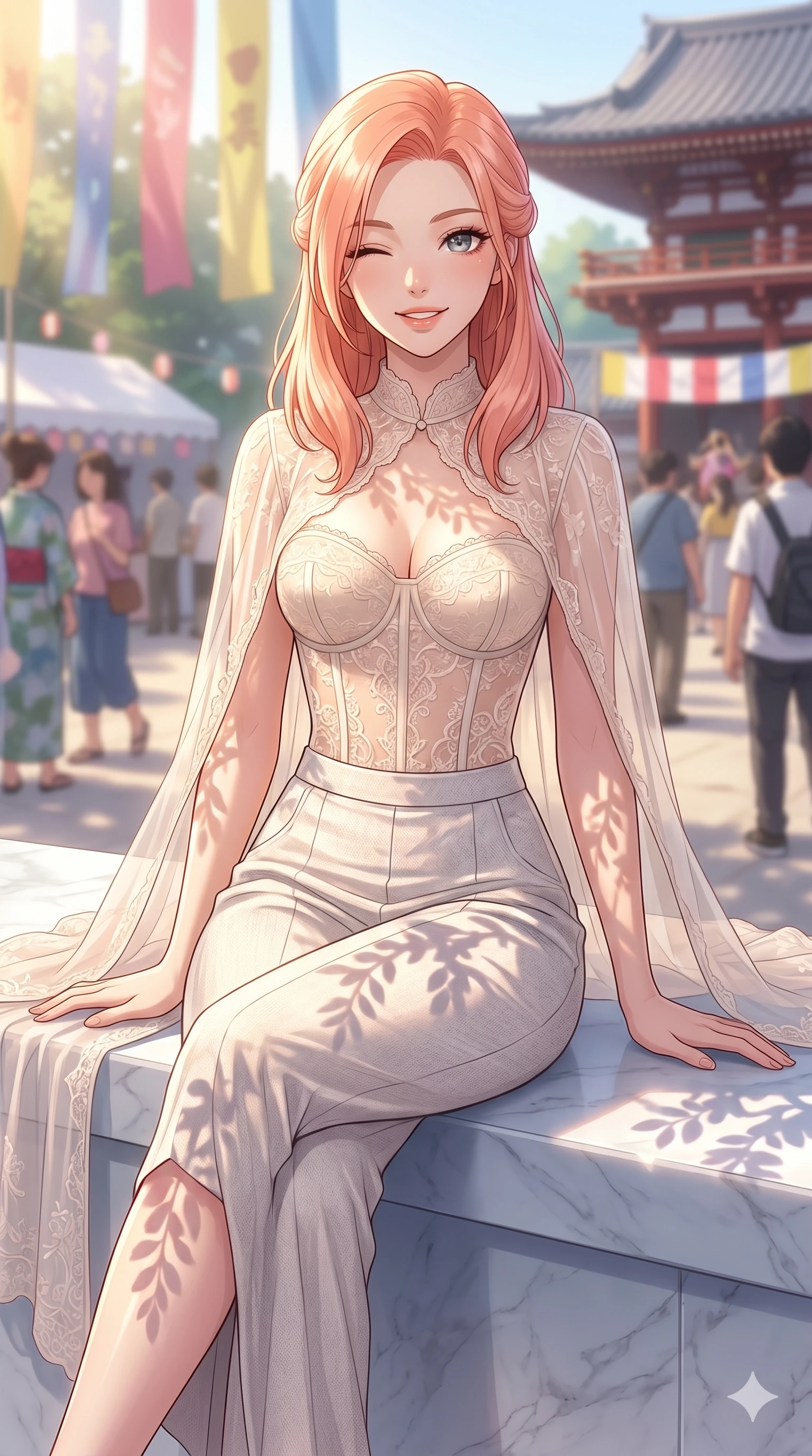 score_9, masterpiece, best quality, ultra-detailed, high-budget anime keyframe, vibrant anime aesthetic, Japanese woman. cowboy shot from the thighs up, character and outfit filling the frame for maximum presence. She is sitting on a marble ledge, winking and smiling cheerfully at the viewer by an outdoor festival stage in the sun (Code-P20-184). She has an absolutely perfect 8-heads proportion, an exceptionally tall and slender female figure with impossibly long slender legs and an ultra-slim waist. V-shaped jawline, high-bridge nose, intricate jewel-like eyes with depth, thick eyelashes, glossy lips with a natural sheen. wearing a sheer lace corset top paired with transparent cape. She is bathed in soft morning sunbeams casting long wisteria leaf shadows across her form. 2k, ultra detail, master piece, 9:16 ratio