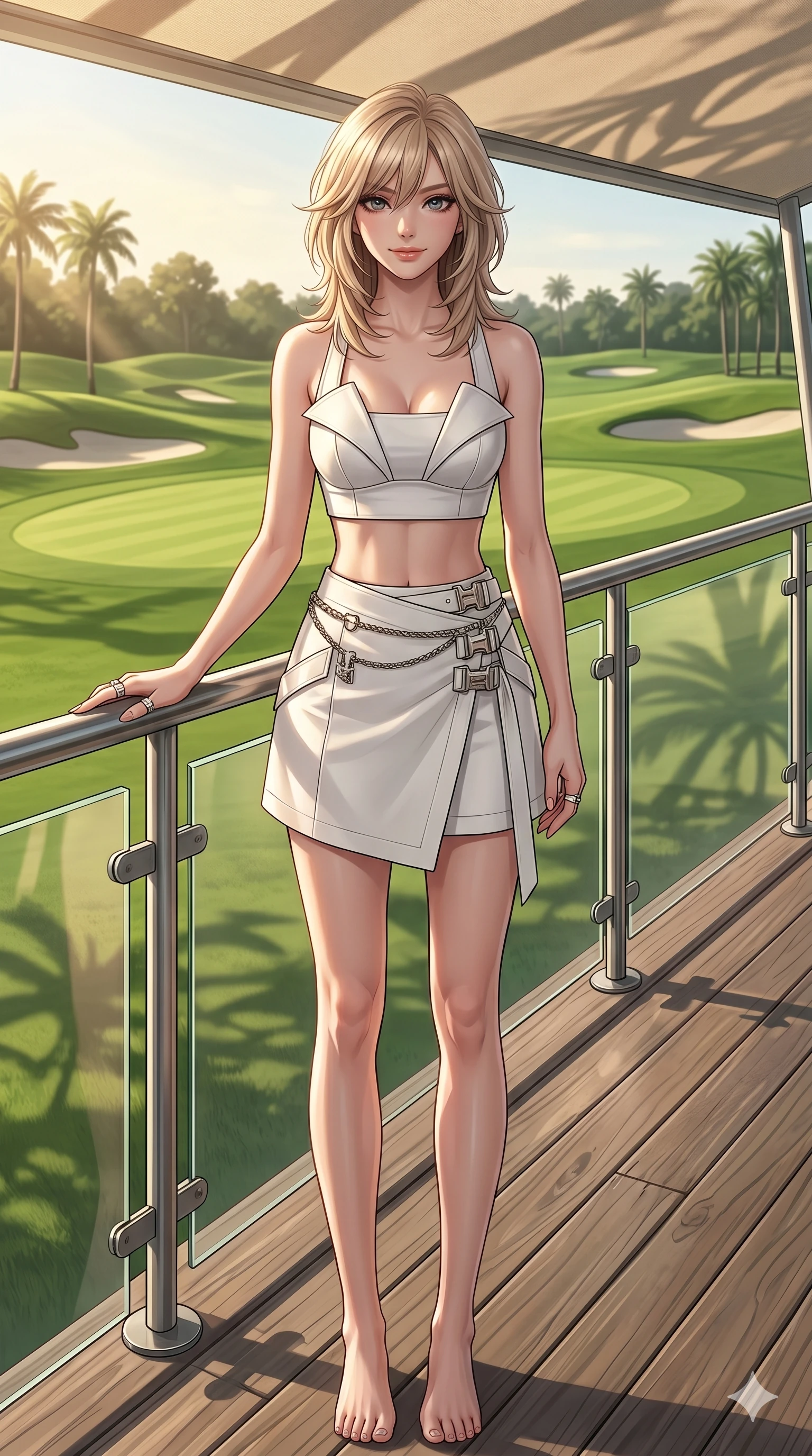 score_9, masterpiece, best quality, ultra-detailed, high-budget anime keyframe, editorial fashion photography, tasteful artistic composition, Japanese woman. cowboy shot from the thighs up, character and outfit filling the frame for maximum editorial presence. posing with bright, confident self-assurance, one hand on the railing standing on a wooden deck overlooking a modern golf course. She has an absolutely perfect 8-heads proportion, an exceptionally tall and slender female figure with impossibly long slender legs and an ultra-slim waist. V-shaped jawline, high-bridge nose, intricate jewel-like eyes with depth, thick eyelashes, glossy lips with a natural sheen. wearing a structured white crop top and high-waisted wrap skirt with metallic buckle details. bathed in warm afternoon sunbeams casting long, soft shadows over the deck. 2k, ultra detail, master piece, 9:16 ratio