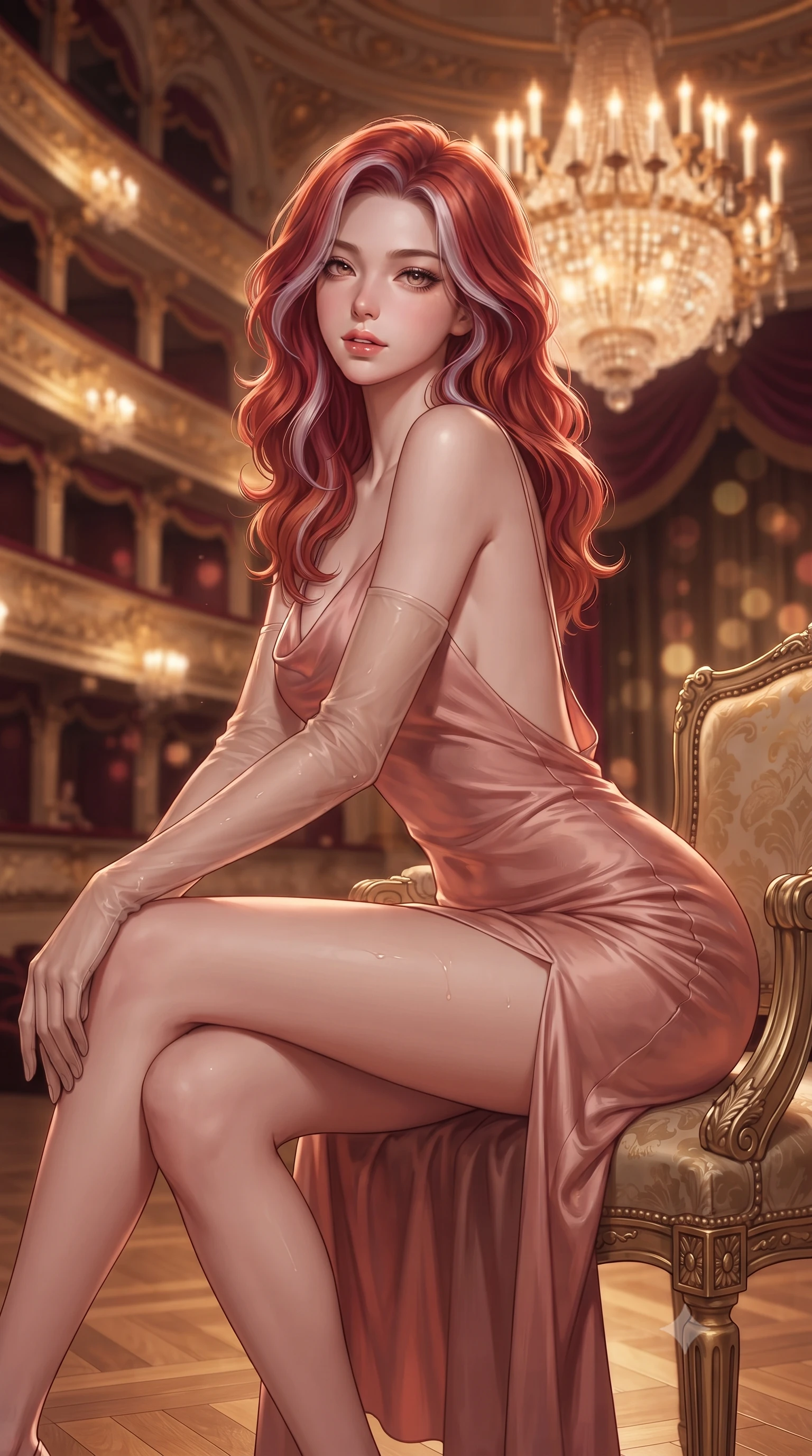 score_9, masterpiece, best quality, ultra-detailed, high-budget anime keyframe, editorial fashion photography, tasteful artistic composition, Caucasian woman. close-up cowboy shot from the waist and thighs up, the character dominates the composition, filling the frame with her large presence. leaning forward while arching her lower back to accentuate her curvy hips, looking into the camera with an intoxicating smoldering gaze and bedroom-eyes while sitting gracefully on the antique gilded armchair with legs crossed, flashing an enchanting smile with parted glossy lips. The background shows a soft-focus soaring tiers of gilded opera balconies, massive crystal chandelier ablaze with warm candle bulbs, and hovering velvet drapes blurred into ruby, gold, and champagne bokeh. She has an exceptionally elegant, slender, and willowy female figure with an ultra-slim waist, flat toned midriff, narrow ribcage, and sculpted feminine hips creating an alluring, slim hourglass silhouette without bulk. sharp v-shaped jawline, high-bridge nose, intricate jewel-like sparkling eyes with depth, thick eyelashes, glossy parted lips with a natural peach sheen, bright cheerful beaming smile with an enchanting and coquettish sensual glint, exuding both youthful cute charm and seductive allure, flawlessly proportioned anatomical accuracy, strict slender model proportions, natural body alignment, perfectly sculpted long slender limbs, ultra-slim waistline, clean dynamic posture without body distortion. wearing a form-contouring gossamer silk chiffon slip dress with a hip-high slit and open cowl back clinging with dewy moisture in rose-quartz blush and burnished copper, made of fluid liquid jersey with seamless sculpting hold and smooth contours, complemented by sheer opera-length evening gloves tracing her slender arms, the precision-cut side openings and low-back scoop framing her graceful spine and the sensual sweep of her slim, toned hips. illuminated by parquet floor reflection bounce and sharp rose-gold rim lights sculpting her jawline, narrow waist, and curvy hips. ultra-reflective glossy finish, specular highlights, rich textural contrasts, high-contrast stereoscopic depth, volumetric dynamic lighting, 2k, ultra detail, master piece, 9:16 ratio