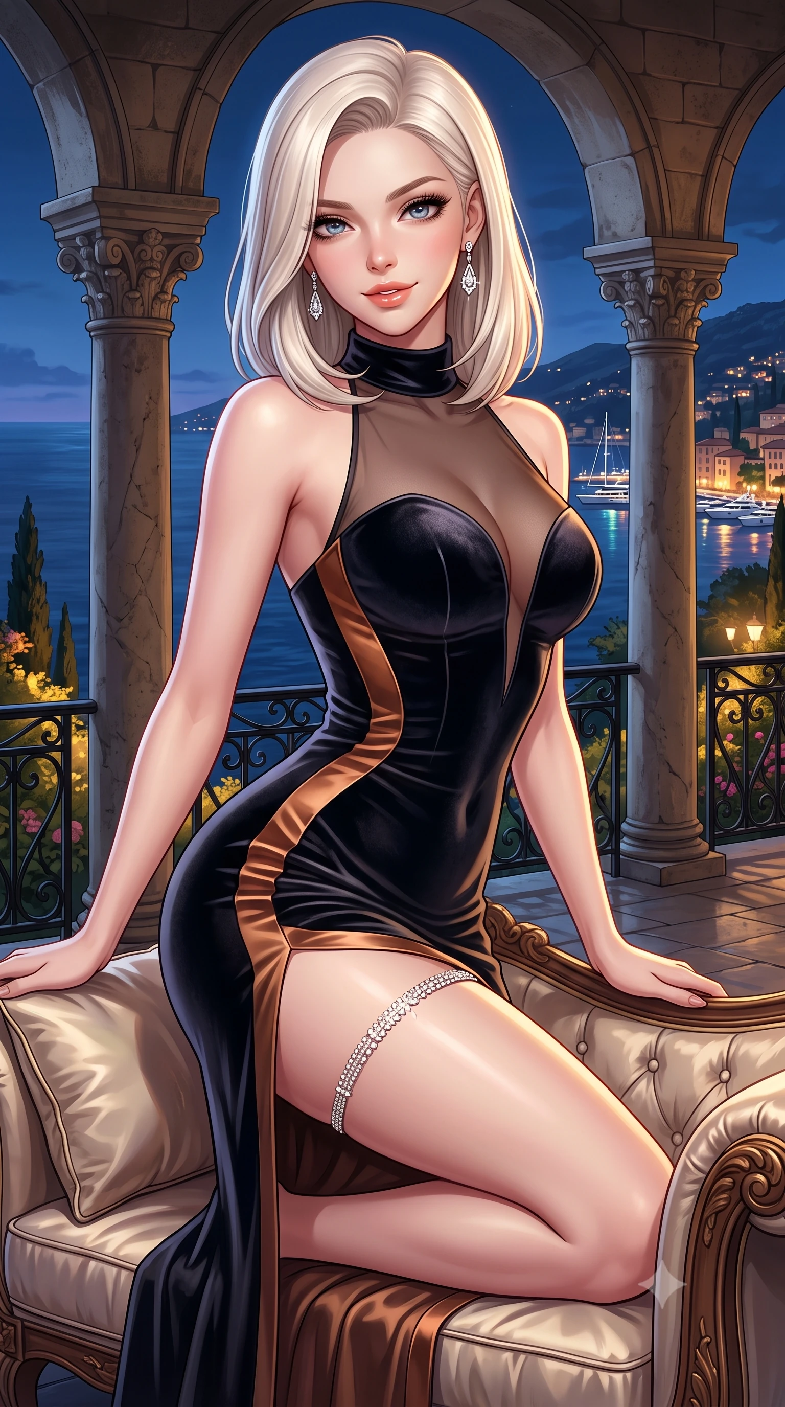 score_9, masterpiece, best quality, ultra-detailed, high-budget anime keyframe, semi-realistic 3D game render, editorial fashion photography, tasteful artistic composition, Caucasian woman. close-up cowboy shot from the waist and thighs up, the character dominates the composition, filling the frame with her large presence. perched sideways on the lounge seat, one knee drawn up to showcase her slender leg line while her arched back accentuates her feminine hip curve while standing framed inside the classical stone loggia overlooking the dark Mediterranean, arching her spine with intoxicating siren grace. The surrounding environment is rendered in vivid detail and crisp panoramic clarity: detailed form-contouring velvet bodycon dress cling, diamond drop earrings sparkle, and Riviera landscape architecture in high resolution. She has an exceptionally elegant, slender, and willowy female figure with an ultra-slim waist, flat toned midriff, narrow ribcage, and sculpted feminine hips creating an alluring, slim hourglass silhouette without bulk. sharp v-shaped jawline, high-bridge nose, sparkling eyes with hypnotic seductive depth, thick curled eyelashes, glossy parted lips with a natural dewy peach sheen, alluring bedroom-eyes with an enchanting coquettish smile, exuding magnetic siren charisma and sophisticated glamour, flawlessly proportioned anatomical accuracy, strict slender model proportions, natural body alignment, perfectly sculpted long slender limbs, ultra-slim waistline, clean dynamic posture without body distortion. wearing a provocative high-neck sheer illusion cocktail dress with liquid satin ribbons contouring her curves in Ayung volcanic charcoal and molten bronze, tailored from ultra-plush velvet with rich tactile depth and deep shadow gradients, finished with delicate crystal-encrusted thigh garter straps glinting in the dim light, the glove-like clinging cut tightly following the natural contour of her hips and long slender legs with youthful 8.5-heads elegance. bathed in warm garden landscape uplighting mixed with dynamic multi-color reflections from harbor yachts. highly saturated vibrant anime colors, detailed shading with soft gradients, rich glossy textures, high-contrast stereoscopic depth, volumetric dynamic lighting, master piece, 9:16 ratio