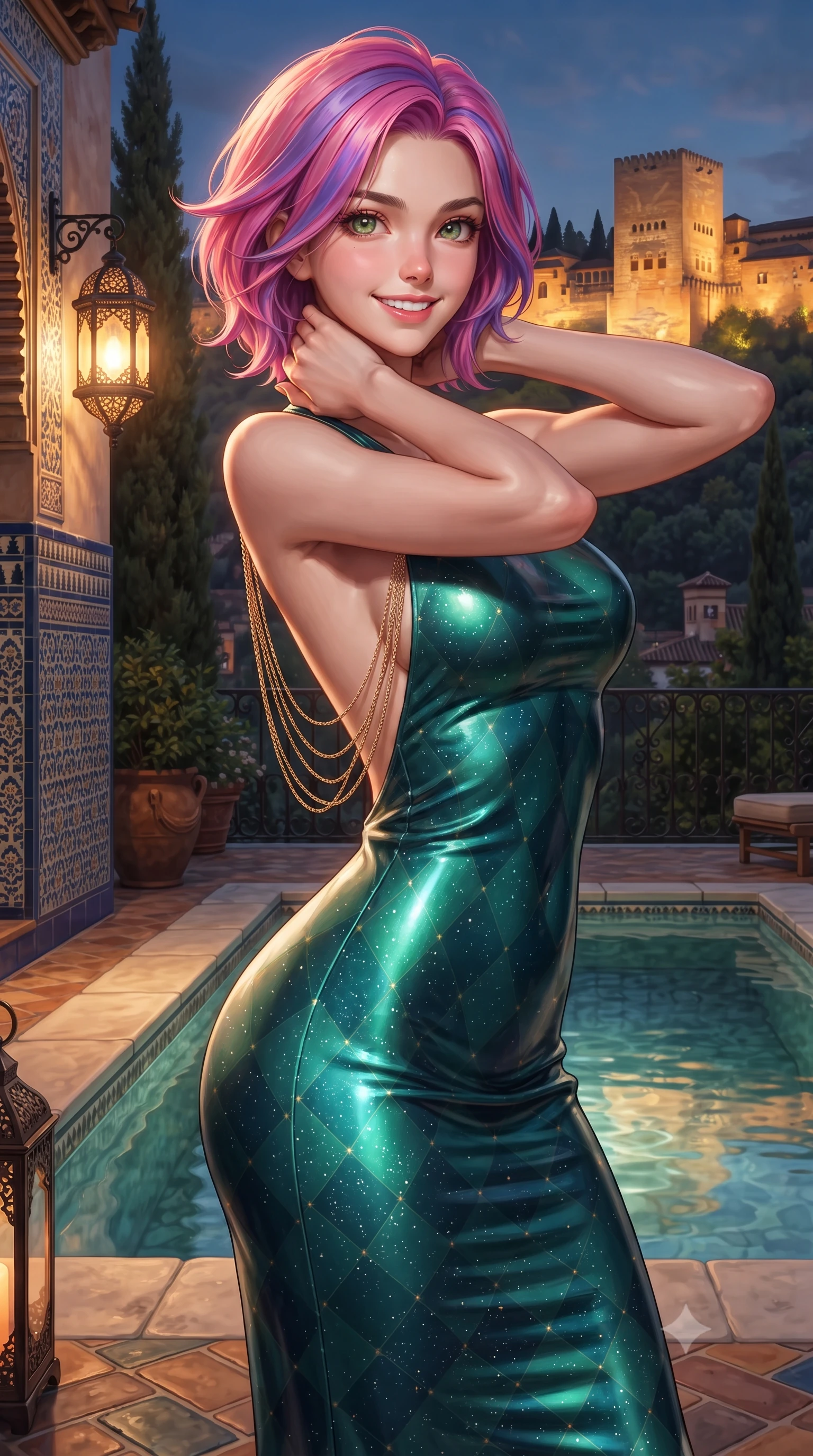 score_9, masterpiece, best quality, ultra-detailed, high-budget anime keyframe, editorial fashion photography, tasteful artistic composition, Caucasian woman. close-up cowboy shot from the waist and thighs up, the character dominates the composition, filling the frame with her large presence. resting both hands lightly behind her neck with elbows raised, arching her spine to highlight her narrow waist, flat midriff, and breathtaking collarbones while twisting her slender torso in an alluring contrapposto stance beside the private plunge pool, cypress tree shadows tracing her narrow waist and hips. The surrounding environment is rendered in vivid detail and crisp panoramic clarity: detailed garment cut, delicate trims, and Moorish hillside estate craft in razor-sharp precision. She has an exceptionally elegant, slender, and willowy female figure with an ultra-slim waist, flat toned midriff, narrow ribcage, and sculpted feminine hips creating an alluring, slim hourglass silhouette without bulk. sharp v-shaped jawline, high-bridge nose, intricate jewel-like sparkling eyes with depth, thick eyelashes, glossy parted lips with a natural peach sheen, bright cheerful beaming smile with an enchanting and coquettish sensual glint, exuding both youthful cute charm and seductive allure, flawlessly proportioned anatomical accuracy, strict slender model proportions, natural body alignment, perfectly sculpted long slender limbs, ultra-slim waistline, clean dynamic posture without body distortion. wearing an ultra-sleek stretch lambskin leather sheath dress accentuating her slim waistline in Arctic aurora borealis emerald and starlight diamond, made of fluid liquid jersey with seamless sculpting hold and smooth contours, accented with an open-back drape framed by falling strands of delicate gold chains, the liquid-tight tailored fabric clinging flawlessly to her narrow waist and rounded feminine hips, emphasizing every millimeter of her sculpted slim hourglass curves without any bulky heaviness. bathed in the warm 2500K glow of outdoor wrought-iron lanterns mixed with golden Alhambra fortress floodlight wash. ultra-reflective glossy finish, specular highlights, rich textural contrasts, high-contrast stereoscopic depth, volumetric dynamic lighting, 2k, ultra detail, master piece, 9:16 ratio