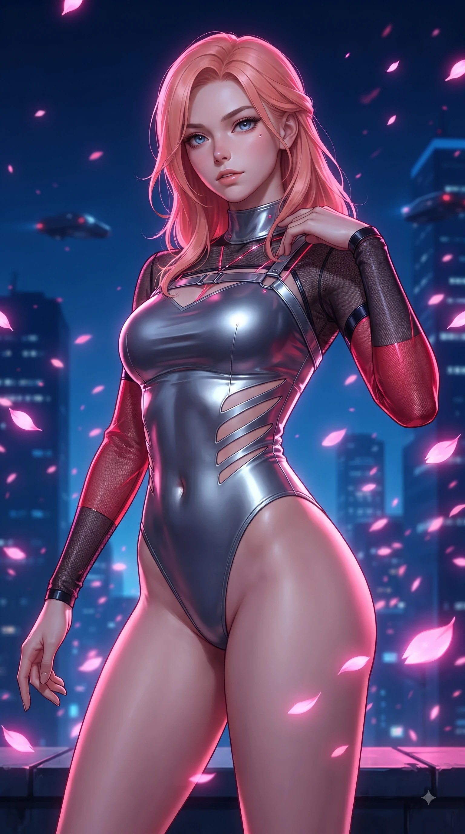 score_9, masterpiece, best quality, ultra-detailed, high-budget anime keyframe, editorial fashion photography, tasteful artistic composition, Japanese woman. close-up cowboy shot from the waist and thighs up, the character dominates the composition, filling the frame with her large presence. twisting her upper body in a dynamic S-curve with an alluring smolder, one hand trailing along her slender waist while standing on the edge of a cyber skyscraper as cybernetic sakura petals blizzard around her in the wind. The composition keeps background elements in soft focus with creamy bokeh. distant skyscraper towers and hovering aero-cars softened by shallow atmospheric focus. She has an exceptionally elegant, slender, and willowy female figure with an ultra-slim waist, a gracefully sculpted slender torso, and a refined silhouette. sharp v-shaped jawline, high-bridge nose, intricate jewel-like eyes with depth, thick eyelashes, glossy lips with a natural sheen, flawlessly proportioned anatomical accuracy, natural body alignment, perfectly sculpted elegant limbs, clean dynamic posture without body distortion. wearing an ultra-sleek high-cut tech-bodysuit featuring dangerous diagonal slitted cutouts on the midriff and shoulders, reinforced by a metallic silver harness and sheer mesh sleeves in glossy obsidian black and radiant crimson red, made of liquid metal jersey that clings flawlessly to every contour of her build, reinforced by a sleek metallic chrome harness and delicate glowing micro-straps, the liquid-tight fabric adhering flawlessly to her sculpted torso and slender silhouette. illuminated by electric pink neon glow from sakura petals and deep blue urban night fill. ultra-reflective glossy finish, specular highlights, metallic sheen, high-contrast stereoscopic depth, volumetric dynamic lighting, 2k, ultra detail, master piece, 9:16 ratio