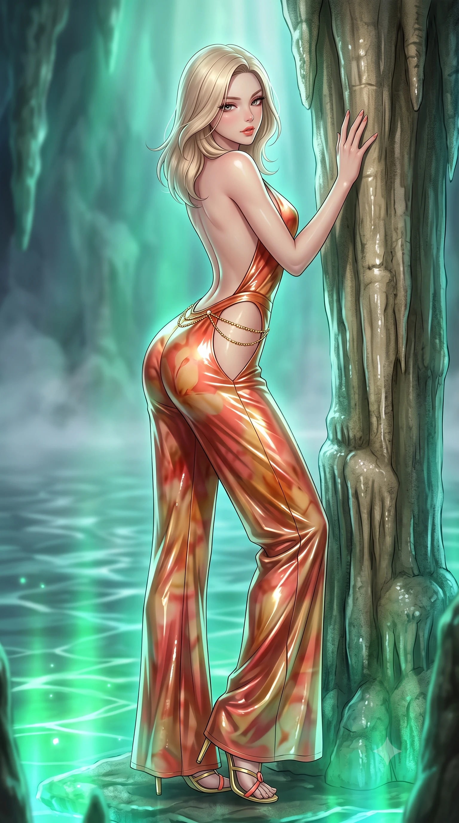 score_9, masterpiece, best quality, ultra-detailed, high-budget anime keyframe, semi-realistic 3D game render, editorial fashion photography, tasteful artistic composition, Korean woman. low angle full-body shot from head to toe showing her feet, filling the entire 9:16 vertical frame with her statuesque presence, stretching her vertical silhouette. standing tall beside the architectural column, one hand resting high while arching her lower back to emphasize her sculpted feminine hips and slender waist while leaning against the ancient limestone stalactite column with hips cocked back, looking back through aquatic mist with an alluring, smoldering gaze. The background shows a soft-focus gentle cave water ripples softened in mystical aquatic shallow focus. She has an absolutely perfect, statuesque 8.5-heads proportion, an exceptionally tall and slender model-like female figure with impossibly long slender legs, an ultra-slim waist, a flat toned midriff, narrow delicate ribcage, and beautifully sculpted feminine hips creating a graceful, slim hourglass silhouette without any bulky heaviness. sharp v-shaped jawline, high-bridge nose, sparkling eyes with hypnotic seductive depth, thick curled eyelashes, glossy parted lips with a natural dewy peach sheen, alluring bedroom-eyes with an enchanting coquettish smile, exuding magnetic siren charisma and sophisticated glamour, flawlessly proportioned anatomical accuracy, strict slender model proportions, natural body alignment, perfectly sculpted long slender limbs, ultra-slim waistline, clean dynamic posture without body distortion. wearing a backless plunge-front silk satin jumpsuit with fluid wide-leg silhouette and side hip cutouts in Bali tropical frangipani coral and warm honey, crafted from wet-look high-gloss vinyl fabric with dazzling specular surface reflections, accented with a dainty gold belly chain resting across her flat midriff and curving hips, the second-skin tailored fabric adhering flawlessly to her sculpted flat midriff and slender torso, emphasizing her long leg lines and perfectly proportioned willowy build. bathed in supernatural glowing emerald and aquamarine light radiating upward from bioluminescent cave waters. highly saturated vibrant anime colors, detailed shading with soft gradients, rich glossy textures, high-contrast stereoscopic depth, volumetric dynamic lighting, master piece, 9:16 ratio