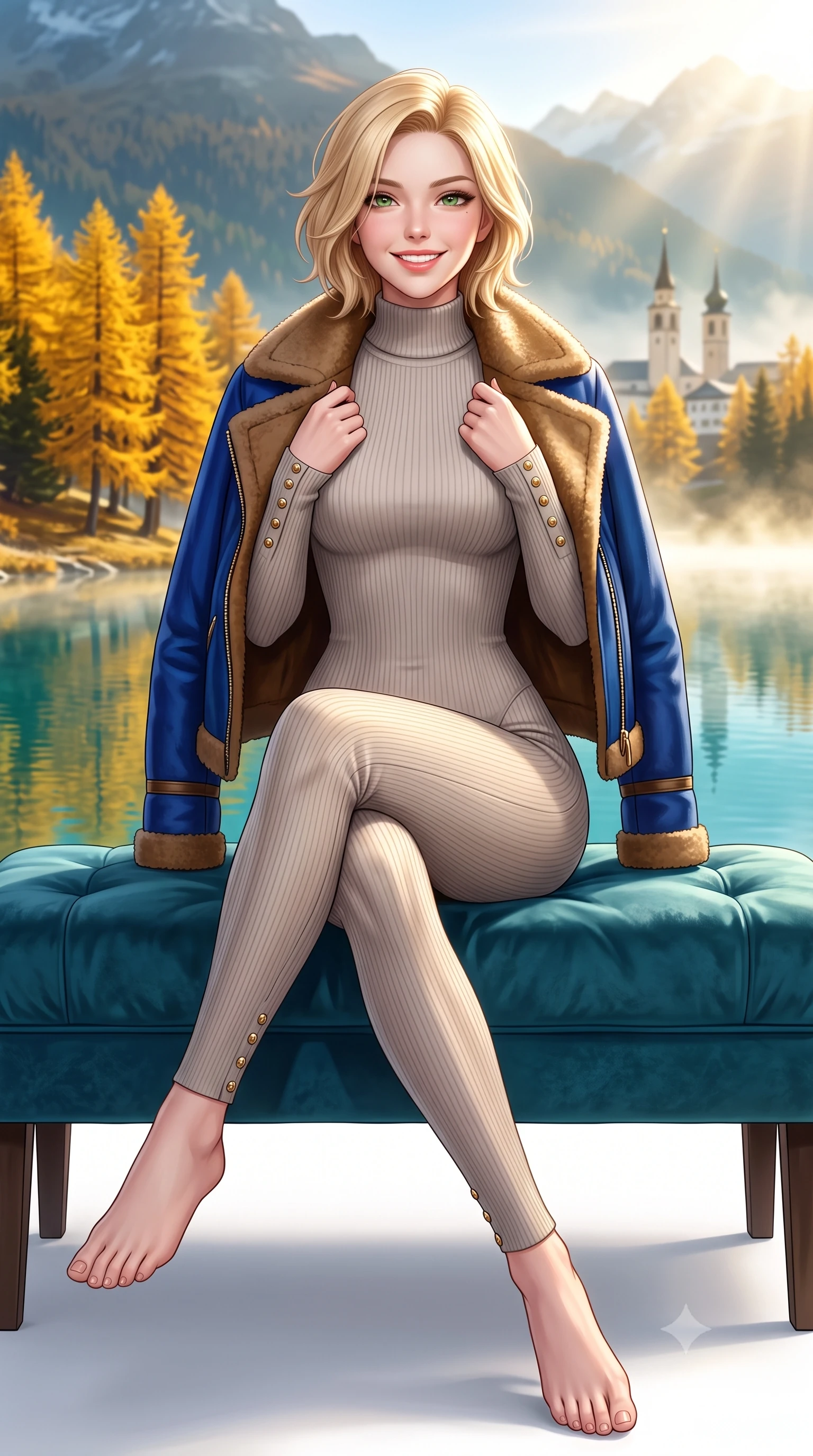 score_9, masterpiece, best quality, ultra-detailed, high-budget anime keyframe, semi-realistic 3D game render, editorial fashion photography, tasteful artistic composition, Caucasian woman. low angle full-body shot from head to toe showing her feet, filling the entire 9:16 vertical frame with her statuesque presence, stretching her vertical silhouette. sitting gracefully on the plush bench with legs crossed and angled toward the camera, highlighting her long slender limbs and hourglass waist while pausing beneath a stand of brilliant golden larch trees reflecting in the turquoise water, holding her coat lapels with refined elegance. The background shows a soft-focus distant St. Moritz village towers softened in pristine Swiss nature shallow focus. She has an exceptionally tall and slender model-like 8.5-heads proportion, an ultra-slim waist, a flat toned midriff, narrow delicate ribcage, and beautifully sculpted feminine hips creating a graceful, slim hourglass silhouette without any bulky heaviness, with impossibly long slender legs. sharp v-shaped jawline, high-bridge nose, intricate jewel-like sparkling eyes with depth, thick eyelashes, glossy parted lips with a natural peach sheen, bright cheerful beaming smile with an enchanting and coquettish sensual glint, exuding both youthful cute charm and seductive allure, flawlessly proportioned anatomical accuracy, strict slender model proportions, natural body alignment, perfectly sculpted long slender limbs, ultra-slim waistline, clean dynamic posture without body distortion. wearing an ultra-snug ribbed merino wool catsuit jumpsuit tracing her long slender limbs and narrow waist under an open shearling jacket in royal sapphire blue and antique brushed bronze, made of ultra-fine Mongolian cashmere with sleek glove-like elasticity contouring her silhouette, accented with delicate gold button studs trailing down the snug sleeve cuffs, the body-conscious tailored knit hugging her sculpted torso and curvaceous hips in a seamless, fluid line that highlights her statuesque model proportions. bathed in crisp, sparkling morning sun breaking over mountain crests, illuminating lake mist with ethereal golden backlighting. highly saturated vibrant anime colors, detailed shading with soft gradients, rich glossy textures, high-contrast stereoscopic depth, volumetric dynamic lighting, master piece, 9:16 ratio