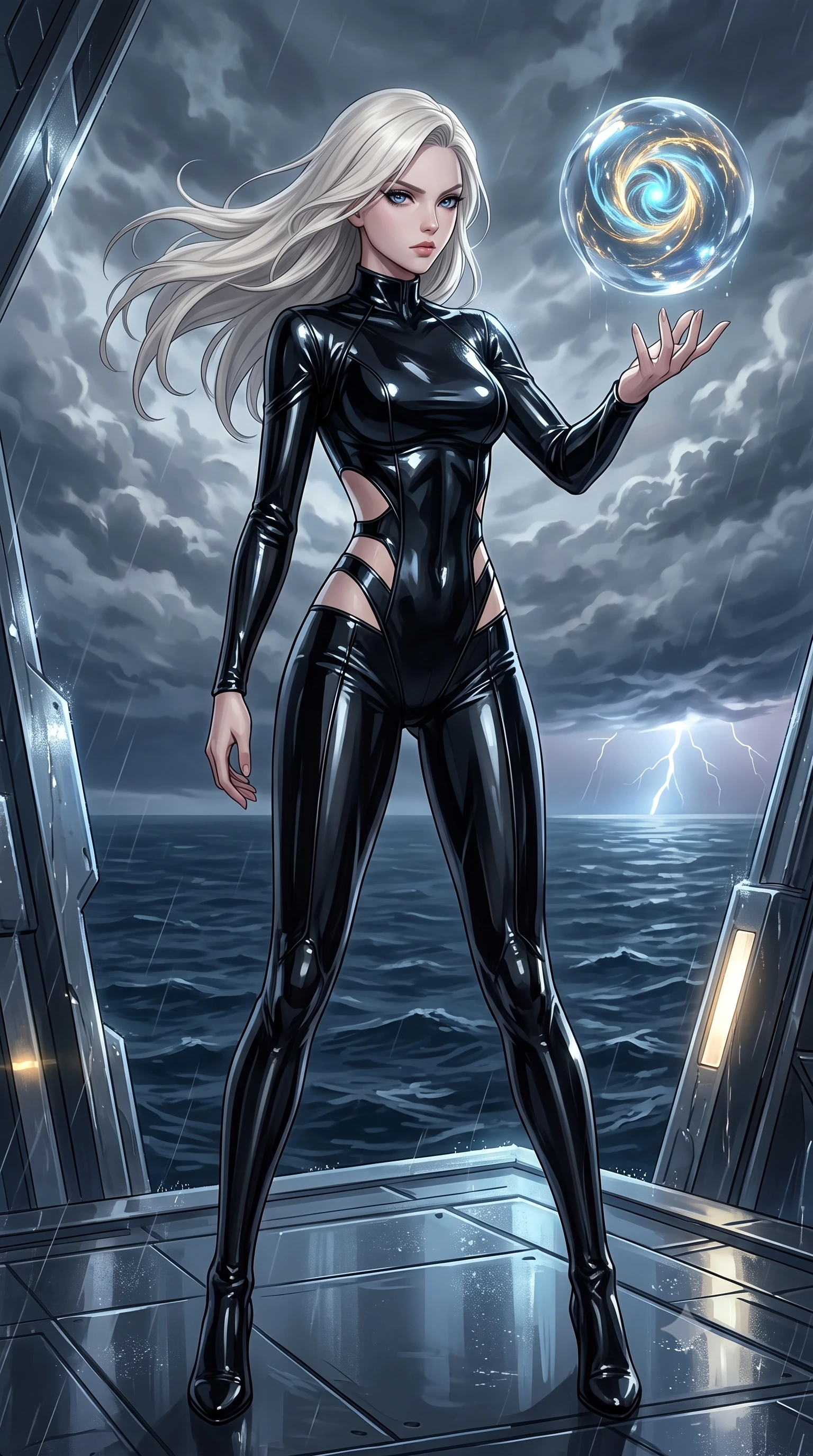 score_9, masterpiece, best quality, ultra-detailed, High-budget Anime Keyframe, Caucasian woman, strictly human ears. Low angle cowboy shot filling the entire 9:16 frame with her statuesque presence. Scenario 317: reaching out to catch a floating sphere of liquid light in a floating platform suspended over a stormy sea of dark blue water. Her presence is magnetic and overpowering in this high-budget anime scene. Outfit 317: a form-contouring patent leather second with a strategic side cut-outs and tight-fitting silhouette. The clothing is designed to emphasize her exceptionally tall and slender 8-heads proportion. 8-heads proportion, towering silhouette, ultra-slim waist. sharp v-shaped jawline, intricate jewel-like eyes with depth, thick eyelashes, glossy lips. 2k, ultra detail, master piece, 9:16 ratio