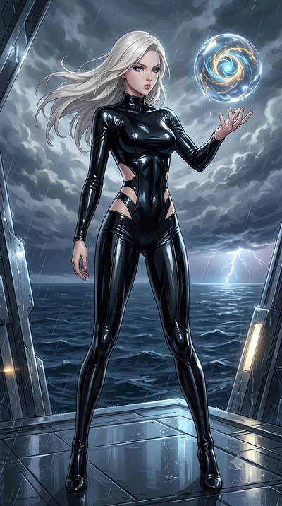 score_9, masterpiece, best quality, ultra-detailed, High-budget Anime Keyframe, Caucasian woman, strictly human ears. Low angle cowboy shot filling the entire 9:16 frame with her statuesque presence. Scenario 317: reaching out to catch a floating sph