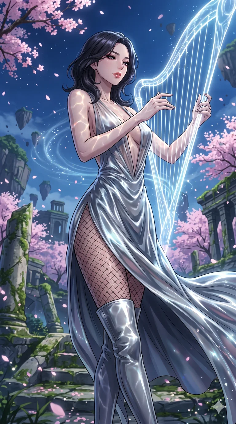score_9, masterpiece, best quality, ultra-detailed, High-budget Anime Keyframe, vibrant colors, fluid line-art, expressive lighting, cinematic composition, Ufotable-style visual effects, top-tier animation quality, Korean woman with idol-like refined features. Cinematic low angle perspective showcasing her towering height and perfect 8-heads proportion. Playing a celestial harp made of strings of pure light, the music creating ripples in the atmosphere around her. She has an absolutely perfect 8-heads proportion, an exceptionally tall and slender female figure with impossibly long slender legs and an ultra-slim waist, her statuesque height and towering silhouette dominating the vertical 9:16 frame. Her face is a masterpiece featuring a sharp v-shaped jawline, high-bridge nose, intricate jewel-like eyes with depth, thick eyelashes, and glossy lips with a natural sheen. She is wearing a Liquid mercury fabric dress that clings perfectly to her every curve with a deep plunging neckline crafted from Sheer silk that is almost transparent, flowing like water around her statuesque frame, accompanied by sensual fishnet stockings and thigh-high metallic boots. The scene is set in an ancient floating island with pink cherry blossoms falling like snow against a blue sky, illuminated by underwater caustic lighting with ripples of light dancing across her body. 2k, ultra detail, master piece, 9:16 ratio