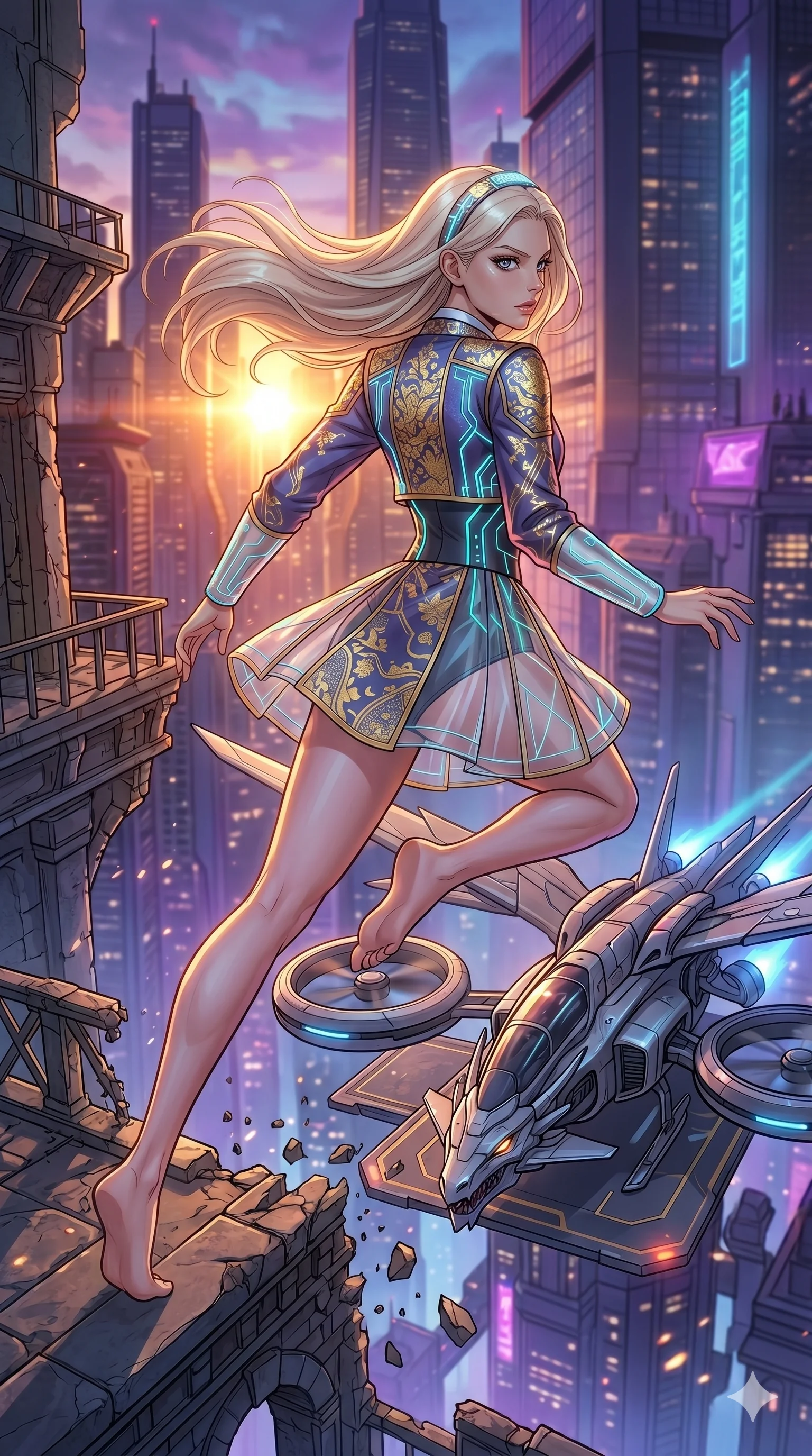 score_9, masterpiece, best quality, ultra-detailed, high-budget anime movie keyframe, cinematic anime lighting, intricate line art, Japanese woman. Low angle cowboy shot capturing a powerful motion and statuesque presence. leaping from a crumbling bridge onto a flying dragon-drone. She has an absolutely perfect 8-heads proportion, an exceptionally tall and slender female figure with an ultra-slim waist and impossibly long slender legs. strictly human anatomy, two legs only, no extra limbs, clearly defined legs and arms, perfect anatomy, perfect hands and fingers. sharp v-shaped jawline, high-bridge nose, intricate jewel-like eyes, thick eyelashes, glossy lips. Wearing Modern Traditional: Shortened cyber-hanbok with fusion silk robes and transparent panels. The scene is illuminated by dramatic atmospheric lighting and vibrant color palettes. , 2k, ultra detail, master piece, 9:16 ratio