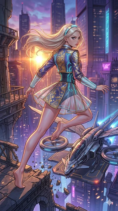score_9, masterpiece, best quality, ultra-detailed, high-budget anime movie keyframe, cinematic anime lighting, intricate line art, Japanese woman. Low angle cowboy shot capturing a powerful motion and statuesque presence. leaping from a crumbling br