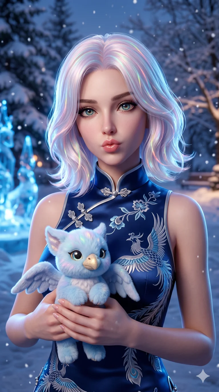 score_9, masterpiece, best quality, ultra-detailed, semi-realistic high-budget 3D game render, Stellar Blade style aesthetic, an incredibly beautiful Caucasian woman (strictly human ears). Medium shot of upper body focusing on her alluring and cute features and her iridescent opal-colored hair with shimmering rainbow highlights, filling the vertical 9:16 frame. She is pouting cutely while holding a plushie of a mythical creature. She has a sharp v-shaped jawline, high-bridge nose, intricate jewel-like eyes, thick eyelashes, and glossy lips. She possesses an absolutely perfect 8-heads proportion and a slim-fit silhouette. She is wearing a silk qipao-inspired modern top with a dangerously high side slit, highlighting her alluring silhouette. a serene snowy park with glowing blue ice sculptures, dramatic rim lighting, cinematic shadows, 2k, ultra detail, master piece, 9:16 ratio