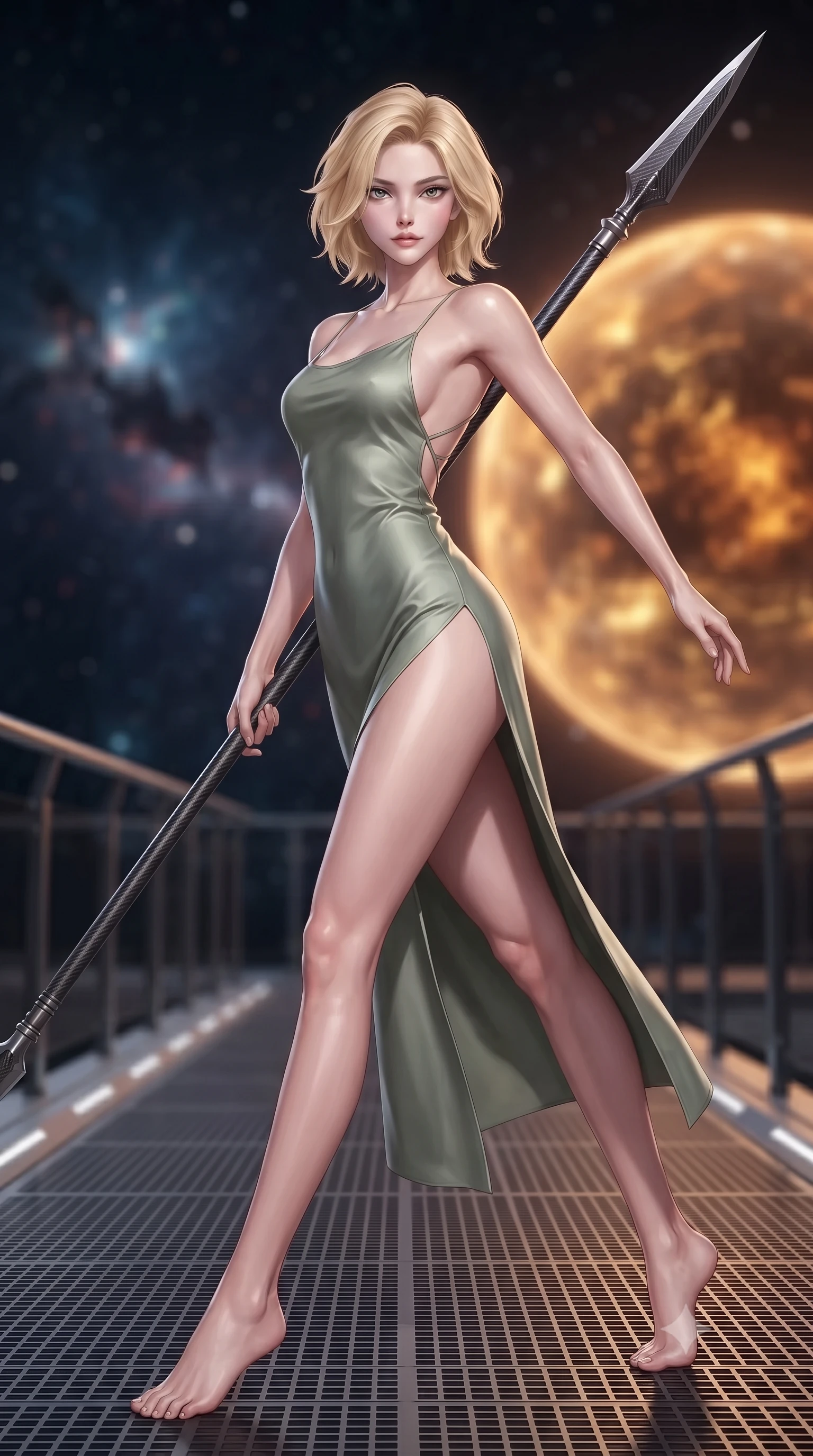 score_9, masterpiece, best quality, ultra-detailed, high-budget anime keyframe, editorial fashion photography, tasteful artistic composition, Caucasian woman. low angle full-body shot from head to toe showing her feet, filling the entire 9:16 vertical frame with her statuesque presence, stretching her vertical silhouette. standing in a dynamic combat stance with a carbon-fiber spear held diagonally, stretching her statuesque body, the background shows a soft-focus a citadel catwalk made of carbon-fiber grids and steel railings in space. She has an absolutely perfect, statuesque 8.5-heads proportion, an exceptionally tall and slender model-like female figure with impossibly long slender legs and an ultra-slim waist. sharp v-shaped jawline, high-bridge nose, intricate jewel-like eyes with depth, thick eyelashes, glossy lips with a natural sheen. wearing a tailored lightweight silk combat slip dress in sage green, featuring a high side slit and a low-cut back. starlight and the warm amber glow of planetary holograms on her form. ultra-reflective glossy finish, specular highlights, metallic sheen, high-contrast stereoscopic depth, volumetric dynamic lighting, 2k, ultra detail, master piece, 9:16 ratio
