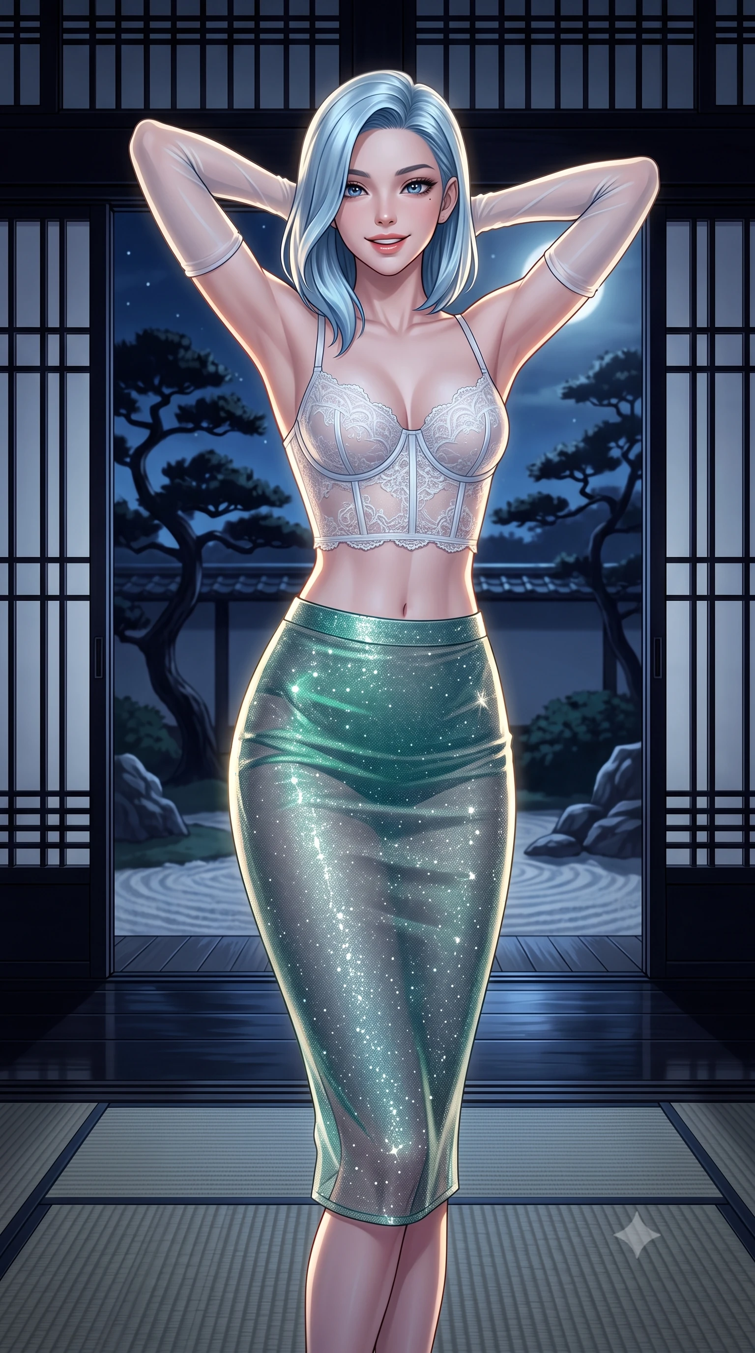 score_9, masterpiece, best quality, ultra-detailed, high-budget anime keyframe, semi-realistic 3D game render, editorial fashion photography, tasteful artistic composition, Korean woman. close-up cowboy shot from the waist and thighs up, the character dominates the composition, filling the frame with her large presence. resting both hands lightly behind her neck with elbows raised, arching her spine to highlight her narrow waist, flat midriff, and breathtaking collarbones while standing poised beside the floor-to-ceiling opened shoji screens overlooking the dry rock garden, arching her spine with geisha-inspired supermodel poise as moonlight silhouettes twisted black pines. The surrounding environment is rendered in vivid detail and crisp panoramic clarity: sharp woven igusa tatami straw texture, black urushi lacquer finish on veranda wood, and fine timber latticework in deep focus. She has an exceptionally elegant, slender, and willowy female figure with an ultra-slim waist, flat toned midriff, narrow ribcage, and sculpted feminine hips creating an alluring, slim hourglass silhouette without bulk. sharp v-shaped jawline, high-bridge nose, intricate jewel-like sparkling eyes with depth, thick eyelashes, glossy parted lips with a natural peach sheen, bright cheerful beaming smile with an enchanting and coquettish sensual glint, exuding both youthful cute charm and seductive allure, flawlessly proportioned anatomical accuracy, strict slender model proportions, natural body alignment, perfectly sculpted long slender limbs, ultra-slim waistline, clean dynamic posture without body distortion. wearing a sculpted underwire corset in sheer frost-white Chantilly lace paired with a high-waisted sheer mesh pencil skirt with back slit in Nordic aurora emerald green and starlight silver, woven from stretch metallic lurex jersey casting radiant starlight glints across her curves, complemented by sheer opera-length evening gloves tracing her slender arms, the high-slit wrap tailoring accentuating her ultra-slim waistline and the enchanting curve of her feminine hips with alluring seductive charm. illuminated by black lacquer reflection fill and sharp champagne-gold rim lights defining her dewy collarbones, ultra-slim waist, and curvy hips. highly saturated vibrant anime colors, detailed shading with soft gradients, rich glossy textures, high-contrast stereoscopic depth, volumetric dynamic lighting, master piece, 9:16 ratio