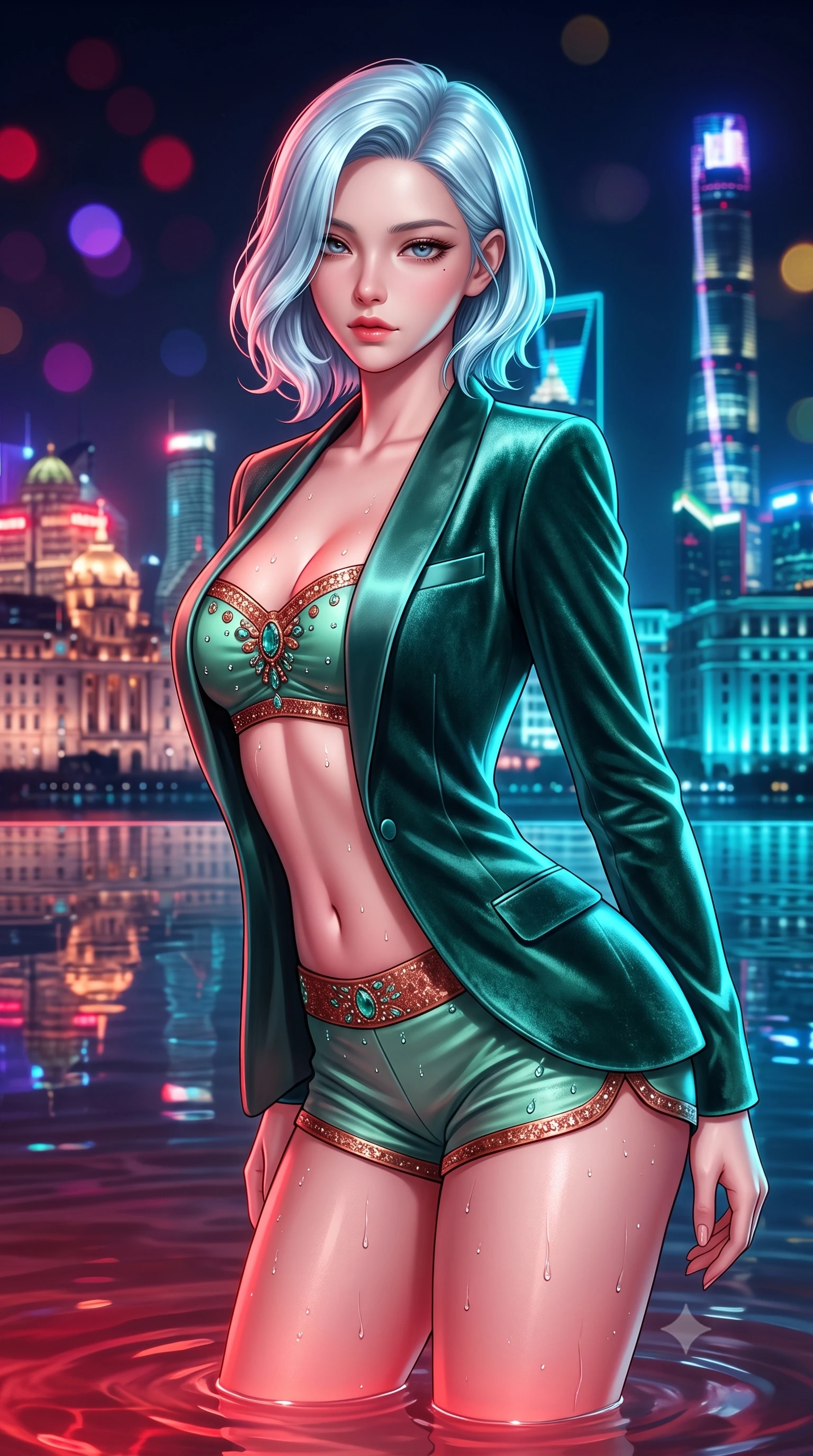 score_9, masterpiece, best quality, ultra-detailed, high-budget anime keyframe, semi-realistic 3D game render, editorial fashion photography, tasteful artistic composition, Korean woman. close-up cowboy shot from the waist and thighs up, the character dominates the composition, filling the frame with her large presence. leaning forward while arching her lower back to accentuate her curvy hips, looking into the camera with an intoxicating smoldering gaze and bedroom-eyes while twisting her slender torso in an alluring S-curve at the water's edge, glowing underwater crimson lamps and neon city reflections tracing her curves. The background shows a soft-focus neon Pudong skyscrapers reflecting upside-down in calm pool water, rain-slicked Bund colonial buildings, and dark night sky blurred into ruby, electric violet, and gold bokeh. She has an exceptionally elegant, slender, and willowy female figure with an ultra-slim waist, flat toned midriff, narrow ribcage, and sculpted feminine hips creating an alluring, slim hourglass silhouette without bulk. sharp v-shaped jawline, high-bridge nose, sparkling eyes with hypnotic seductive depth, thick curled eyelashes, glossy parted lips with a natural dewy peach sheen, alluring bedroom-eyes with an enchanting coquettish smile, exuding magnetic siren charisma and sophisticated glamour, flawlessly proportioned anatomical accuracy, strict slender model proportions, natural body alignment, perfectly sculpted long slender limbs, ultra-slim waistline, clean dynamic posture without body distortion. wearing a tailored open-front satin smoking jacket worn over a jewel-embellished bandeau and micro-shorts in Moroccan mint green and hammered copper, tailored from ultra-plush velvet with rich tactile depth and deep shadow gradients, finished with glistening drops of lagoon or spa water beading across her sculpted shoulders and collarbones, the glove-like clinging cut tightly following the natural contour of her hips and long slender legs with youthful 8.5-heads elegance. bathed in warm underwater crimson pool illumination paired with cold neon cyan ambient skyline glow. highly saturated vibrant anime colors, detailed shading with soft gradients, rich glossy textures, high-contrast stereoscopic depth, volumetric dynamic lighting, master piece, 9:16 ratio