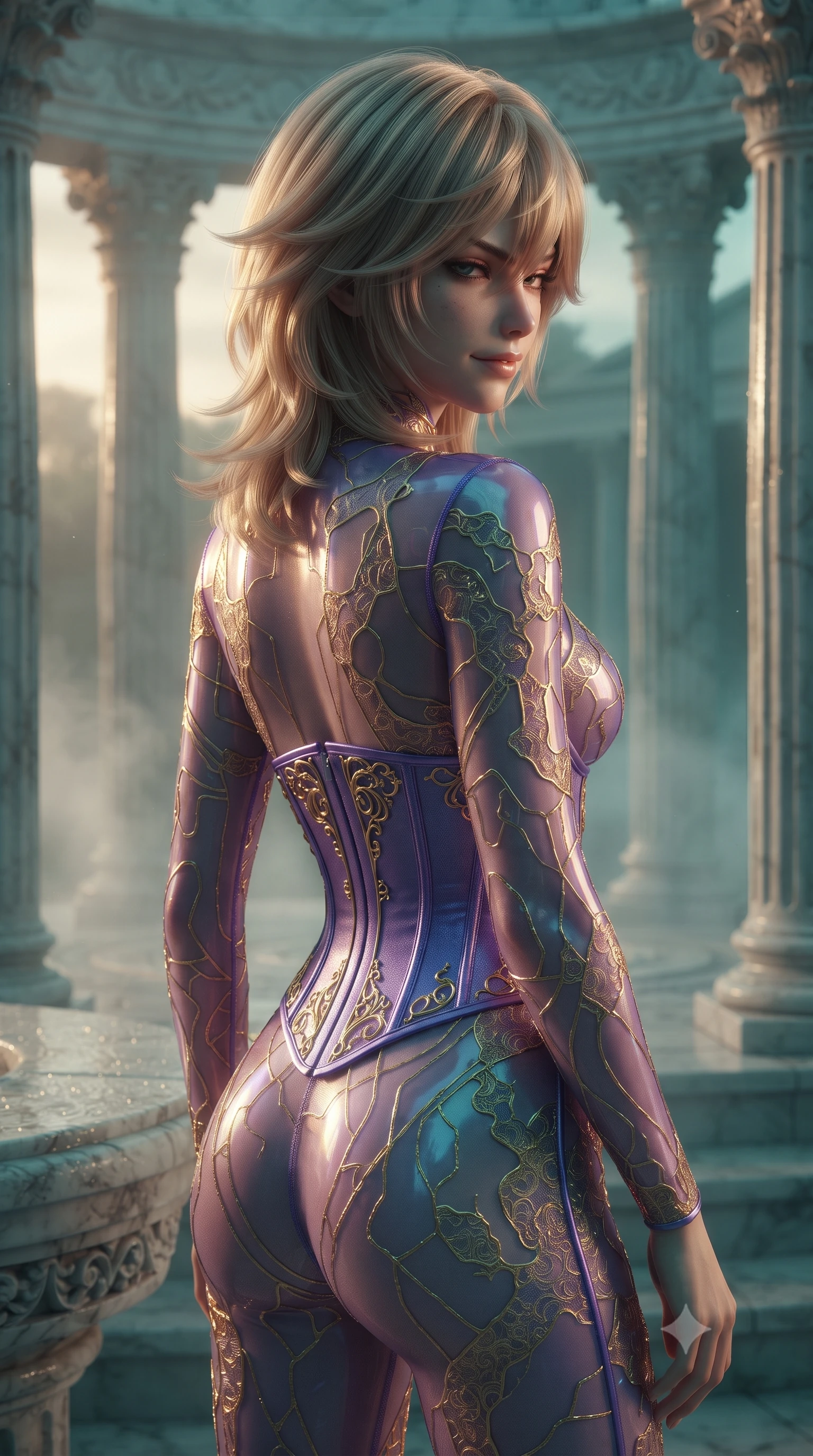 score_9, masterpiece, best quality, ultra-detailed, high-budget anime keyframe, editorial fashion photography, tasteful artistic composition, Japanese woman. close-up cowboy shot from the waist and thighs up, the character dominates the composition, filling the frame with her large presence, background elements kept in soft focus. Glancing sidelong over her shoulder with a smoldering half-smile. set against a soft-focus background of an ancient white marble amphitheater at the first golden light of dawn with morning mist swirling between fluted Corinthian columns and dew glistening on every carved stone surface. She has an exceptionally elegant and slender, willowy female figure with an ultra-slim waist, a gracefully sculpted slender torso, and a refined slim physique. sharp v-shaped jawline, high-bridge nose, intricate jewel-like eyes with depth, thick eyelashes, glossy lips with a natural sheen. wearing a sheer holographic bodysuit in violet, featuring embedded gold-lace circuits and a matching underbust corset. warm amber rim lighting combined with cool teal fill light creating dramatic contrast. 2k, ultra detail, master piece, 9:16 ratio
