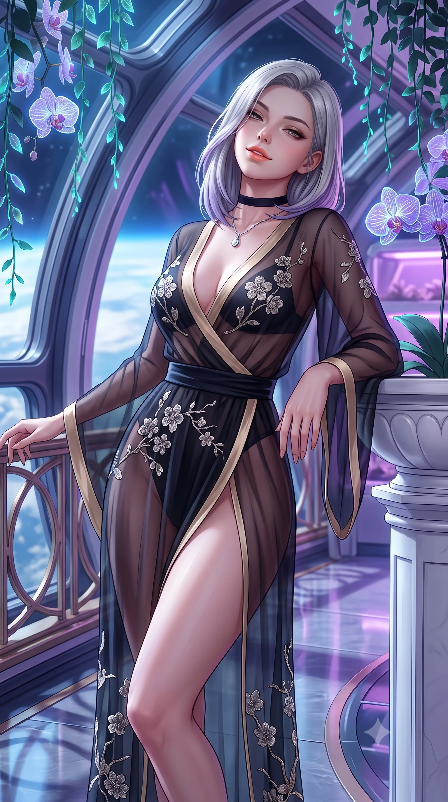 score_9, masterpiece, best quality, ultra-detailed, high-budget anime keyframe, semi-realistic 3D game render, editorial fashion photography, tasteful artistic composition, Caucasian woman. close-up cowboy shot from the waist and thighs up, the character dominates the composition, filling the frame with her large presence. leaning back against the balustrade with relaxed seductive grace, head tilted back slightly while casting a hypnotic, heavy-lidded gaze while leaning against the white composite planter pedestal with hips cocked back, looking through hanging vines with heavy-lidded bedroom-eyes. The surrounding environment is rendered in vivid detail and crisp panoramic clarity: sharp curved space-habitat window mullions, bioluminescent orchid petal vein structures, and polished composite flooring in deep focus. She has an exceptionally elegant, slender, and willowy female figure with an ultra-slim waist, flat toned midriff, narrow ribcage, and sculpted feminine hips creating an alluring, slim hourglass silhouette without bulk. sharp v-shaped jawline, high-bridge nose, intricate jewel-like sparkling eyes with depth, thick eyelashes, glossy parted lips with a natural peach sheen, bright cheerful beaming smile with an enchanting and coquettish sensual glint, exuding both youthful cute charm and seductive allure, flawlessly proportioned anatomical accuracy, strict slender model proportions, natural body alignment, perfectly sculpted long slender limbs, ultra-slim waistline, clean dynamic posture without body distortion. wearing a provocative sheer noir illusion mesh kimono dress with embroidered silver cherry blossom motifs framing her curves in deep midnight obsidian black and liquid champagne gold, made of sheer gossamer chiffon that drapes softly against skin with airy translucence, finished with a thin velvet ribbon choker and a single teardrop diamond pendant, the high-slit wrap tailoring accentuating her ultra-slim waistline and the enchanting curve of her feminine hips with alluring seductive charm. bathed in the natural blue Earth-light spilling through orbital windows mixed with soft violet hydroponic grow lights. highly saturated vibrant anime colors, detailed shading with soft gradients, rich glossy textures, high-contrast stereoscopic depth, volumetric dynamic lighting, master piece, 9:16 ratio