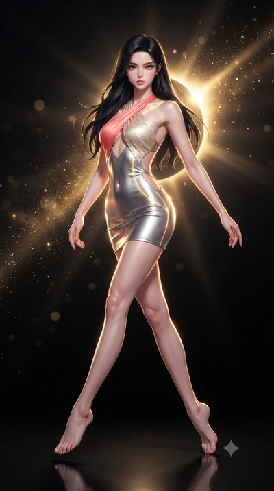 score_9, masterpiece, best quality, ultra-detailed, high-budget anime keyframe, editorial fashion photography, tasteful artistic composition, Korean woman. low angle full-body shot from head to toe showing her feet, filling the entire 9:16 vertical f