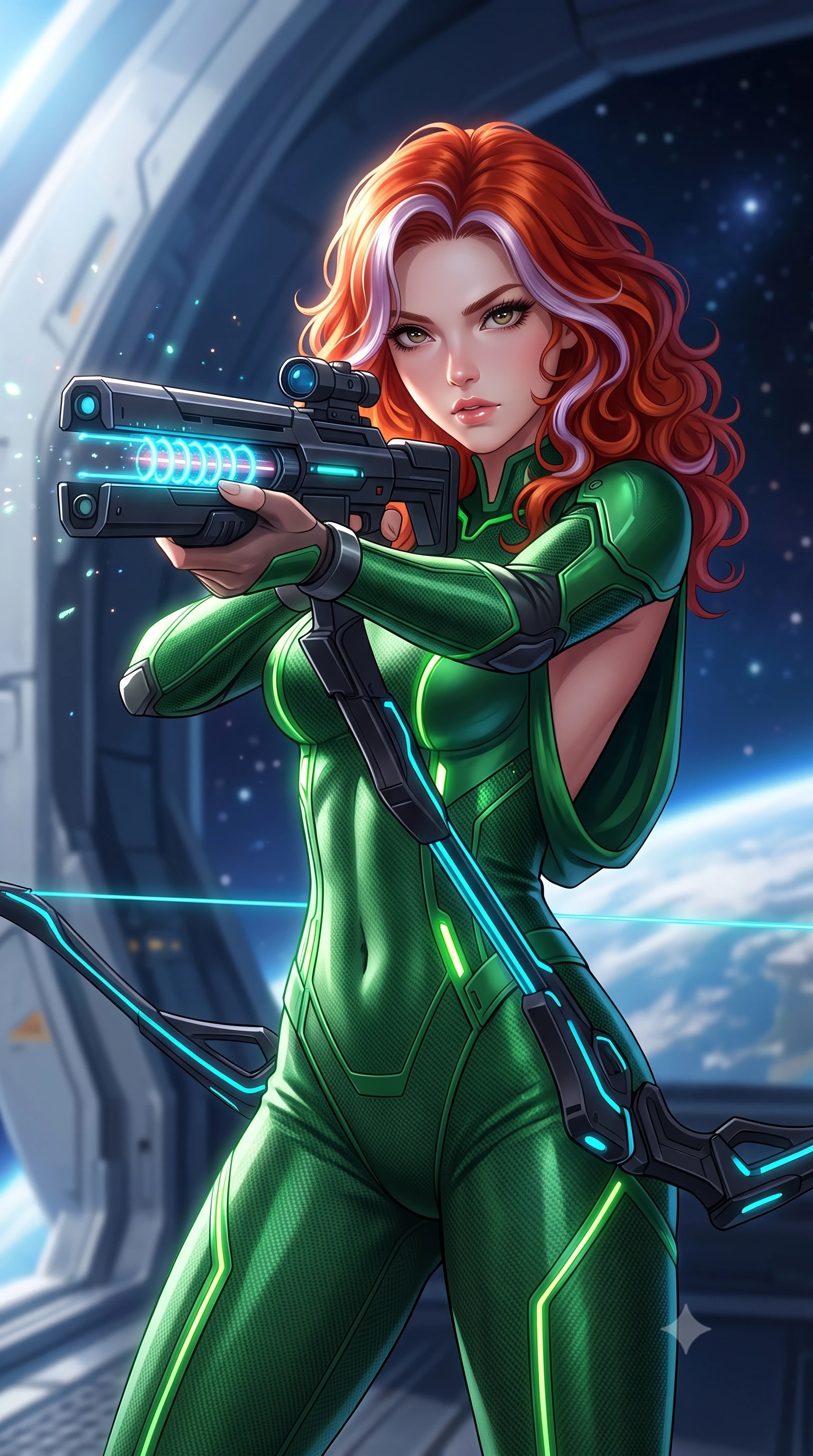 score_9, masterpiece, best quality, ultra-detailed, high-budget anime keyframe, semi-realistic 3D game render, editorial fashion photography, tasteful artistic composition, Caucasian woman. close-up cowboy shot from the waist and thighs up, the character dominates the composition, filling the frame with her large presence. looking into the camera lens with intense, captivating depth, softly parted glossy lips and thick eyelashes framing her fierce battle-ready gaze while standing poised near the massive open airlock of a zero-gravity orbital hangar while aiming a sleek carbon railgun rifle toward the cosmos. The composition keeps background elements in soft focus with creamy bokeh. distant starlight and railgun charging LED coils scattering soft glowing light motes across a deep space backdrop. She has an exceptionally elegant, slender, and willowy female figure with an ultra-slim waist, a gracefully sculpted slender torso, toned flat midriff, and a refined slim silhouette. sharp v-shaped jawline, high-bridge nose, intricate jewel-like eyes with depth, thick eyelashes, glossy lips with a natural sheen, flawlessly proportioned anatomical accuracy, strict slender model proportions, natural body alignment, perfectly sculpted long slender limbs, ultra-slim waistline, clean dynamic posture without body distortion. wearing a tailored emerald-green carbon-fiber tactical jumpsuit with glowing lime LED channels and an open cowl back, drawing a floating holographic photon energy bow with supreme grace in matte obsidian carbon black with electric cyan conduits, tailored from flexible second-skin carbon-mesh that clings flawlessly to her athletic curves, finished with high-mobility articulation joints and miniature magnetic armor locks, the sleek second-skin cut tightly hugging her graceful clavicle, narrow waist, and feminine curves with athletic precision. bathed in dazzling natural orbital sunlight and rich blue planetary ambient bounce light. rich saturated anime colors with glowing neon highlights, detailed shading with soft gradients, rich glossy textures, high-contrast stereoscopic depth, volumetric dynamic lighting, master piece, 9:16 ratio