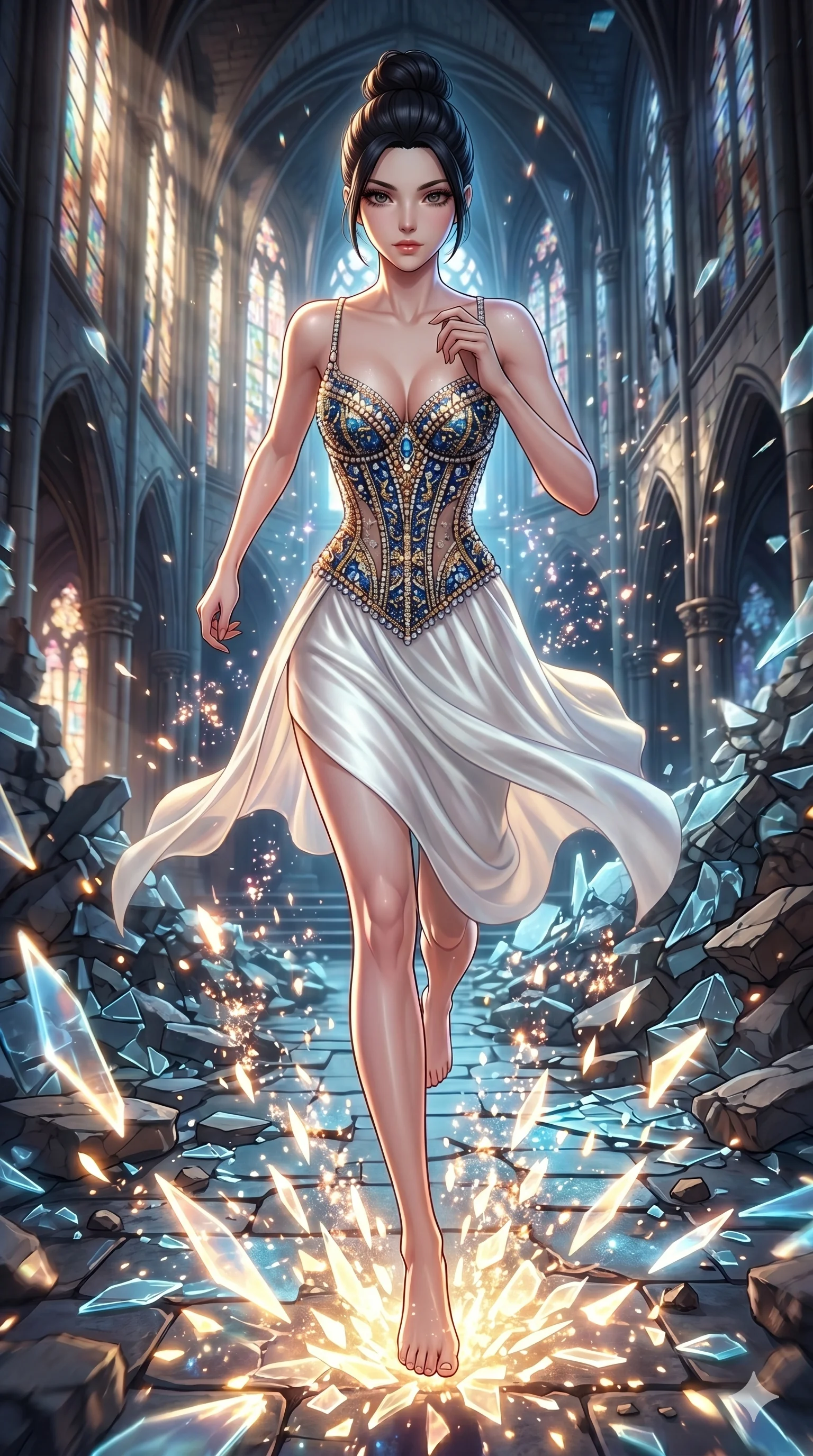 score_9, masterpiece, best quality, ultra-detailed, Set A: High-budget Anime Keyframe, Caucasian (strictly human ears) woman. Low angle cowboy shot filling the entire 9:16 frame with her statuesque presence. Sprinting through a shattered glass cathedral, as the ground beneath her turns into 221 shards of light and surrounded by glowing energy sparks. She has an absolutely perfect 8-heads proportion, an exceptionally tall and slender female figure with impossibly long slender legs and an ultra-slim waist. Sharp v-shaped jawline, high-bridge nose, intricate jewel-like eyes with depth, thick eyelashes, glossy lips with a natural sheen. Wearing Intricate jewel-encrusted corset over a sheer silk slip with high-cut leg line. Cinematic lighting, vibrant colors, dramatic shadows, 2k, ultra detail, master piece, 9:16 ratio