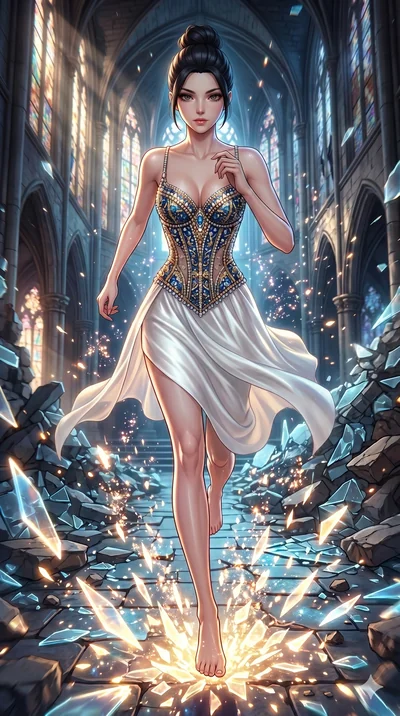score_9, masterpiece, best quality, ultra-detailed, Set A: High-budget Anime Keyframe, Caucasian (strictly human ears) woman. Low angle cowboy shot filling the entire 9:16 frame with her statuesque presence. Sprinting through a shattered glass cathed