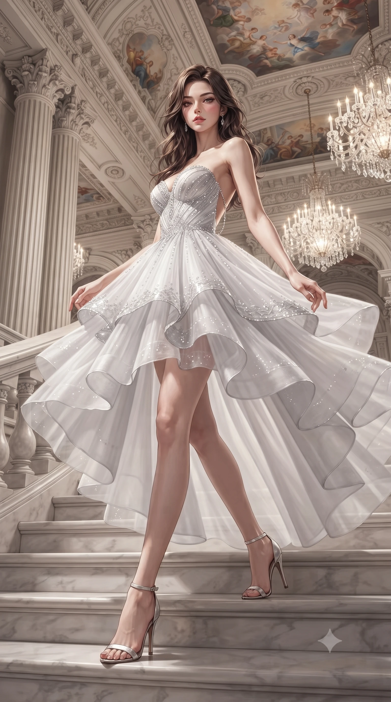 score_9, masterpiece, best quality, ultra-detailed, high-budget anime keyframe, editorial fashion photography, tasteful artistic composition, Korean woman. low angle full-body shot from head to toe showing her feet, filling the entire 9:16 vertical frame with her statuesque presence, stretching her vertical silhouette. executing an elegant mid-motion spin with effortless grace, her garments fluttering softly around her ultra-slim waistline while descending a sweeping imperial marble staircase with regal supermodel grace and fluid momentum. The surrounding environment is rendered in vivid detail and crisp panoramic clarity. detailed neoclassical column fluting, palace ceiling chandeliers, and satin dress textures in high clarity. She has an absolutely perfect, statuesque 8.5-heads proportion, an exceptionally tall and slender model-like female figure with impossibly long slender legs, a toned flat midriff, and an ultra-slim waist. sharp v-shaped jawline, high-bridge nose, intricate jewel-like eyes with depth, thick eyelashes, glossy lips with a natural sheen, captivating and magnetic expression, flawlessly proportioned anatomical accuracy, strict slender model proportions, natural body alignment, perfectly sculpted long slender limbs, ultra-slim waistline, clean dynamic posture without body distortion. wearing a tiered crystal-embellished tulle ballgown with an exposed clavicle neckline and sweetheart bustier in pristine arctic white and metallic silver, tailored from liquid silk jersey adhering flawlessly to her slender build, accented with a glittering diamond back chain tracing her bare spine, the sleek tailored cut tightly hugging her graceful clavicle, narrow waist, and feminine curves with statuesque precision. surrounded by a glamorous, exclusive, and breathtakingly captivating billionaire heiress aura. ultra-reflective glossy finish, specular highlights, rich textural contrasts, high-contrast stereoscopic depth, volumetric dynamic lighting, 2k, ultra detail, master piece, 9:16 ratio