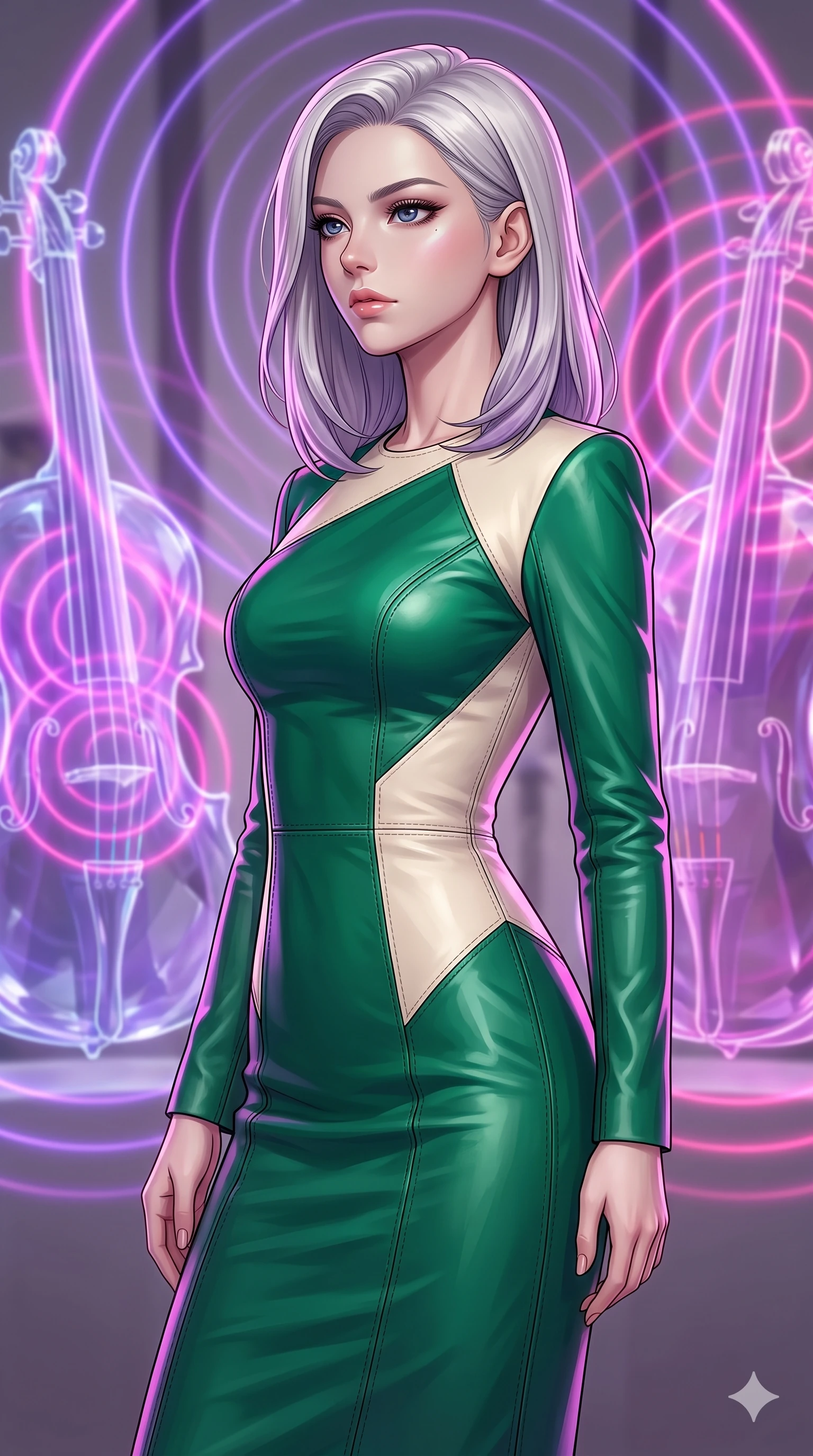 score_9, masterpiece, best quality, ultra-detailed, high-budget anime keyframe, editorial fashion photography, tasteful artistic composition, Caucasian woman, strictly human ears. close-up cowboy shot from the waist and thighs up, the character dominates the composition, filling the frame with her large presence, background elements kept in soft focus. Gazing past the camera with an air of effortless superiority. set against a soft-focus background of a gallery of enormous crystal glass instruments that play themselves by resonating with invisible energy sending visible concentric sound ripples expanding through the air like rings on water. She has an exceptionally elegant and slender, willowy female figure with an ultra-slim waist, a gracefully sculpted slender torso, and a refined slim physique. sharp v-shaped jawline, high-bridge nose, intricate jewel-like eyes with depth, thick eyelashes, glossy lips with a natural sheen. wearing a fitted pencil dress in color-blocked emerald green and cream leather, contouring her athletic, slender build with precision topstitching. laser lines of violet and hot pink reflecting off surfaces casting geometric neon highlights. 2k, ultra detail, master piece, 9:16 ratio